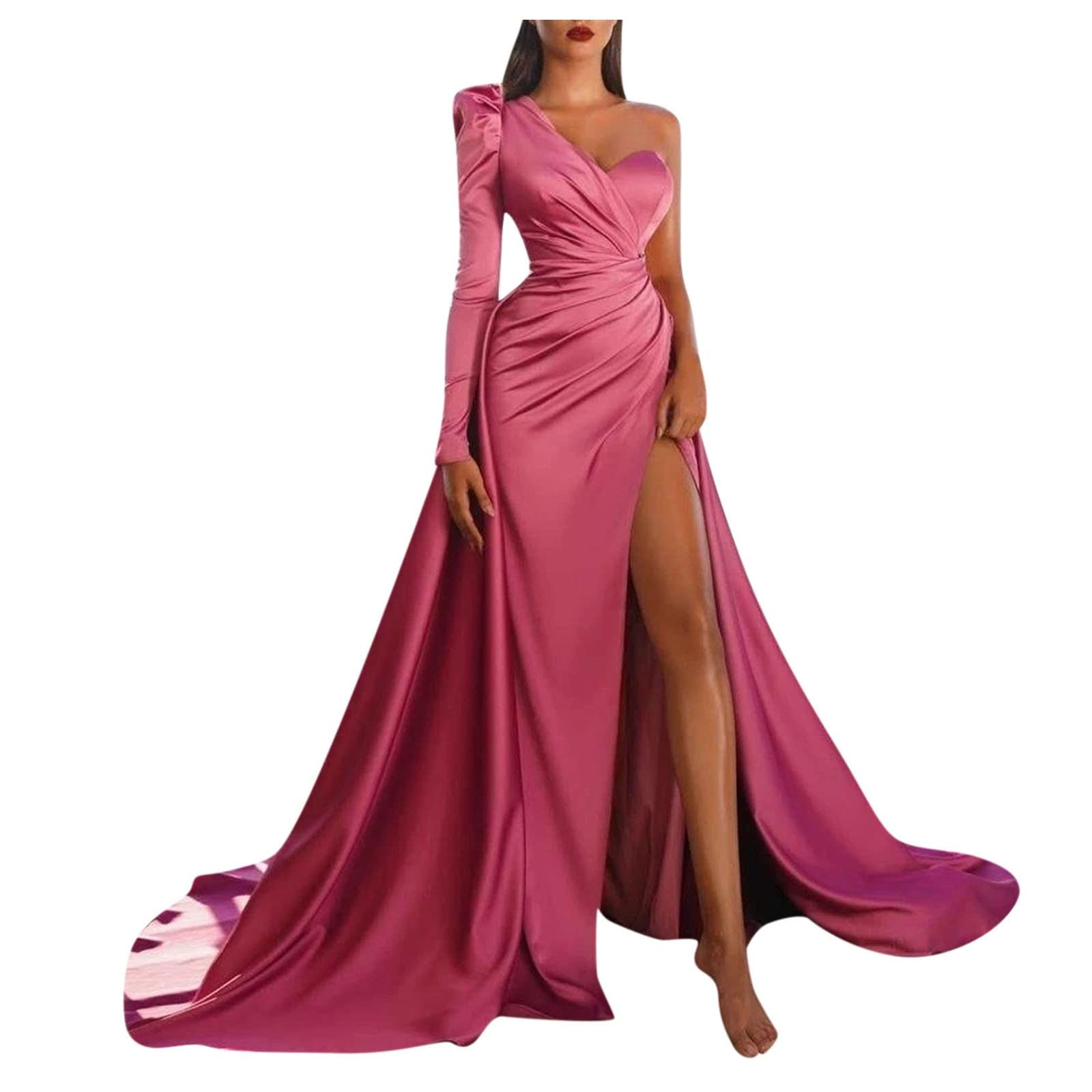 Elegant Women's Petite Long Slit Evening Dress - Sexy Tail Shoulder Banquet Gown for Formal Occasions (Hot Pink, Size S) | Perfect for Cocktail Parties, Prom, Weddings & Special Events