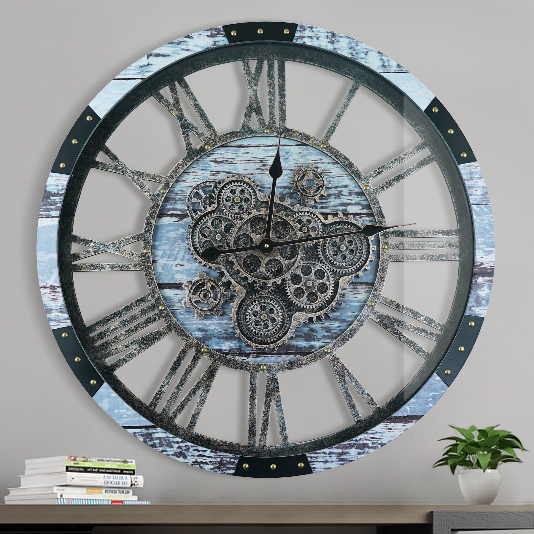 24 Inch Steampunk Industrial Wall Clock - Oversized Solid Wood Battery Operated Wall Clock for Living Room, Fireplace & Home Decor - Large Vintage Style Gear Wall Clock for Industrial, Farmhouse & Modern Interior Design