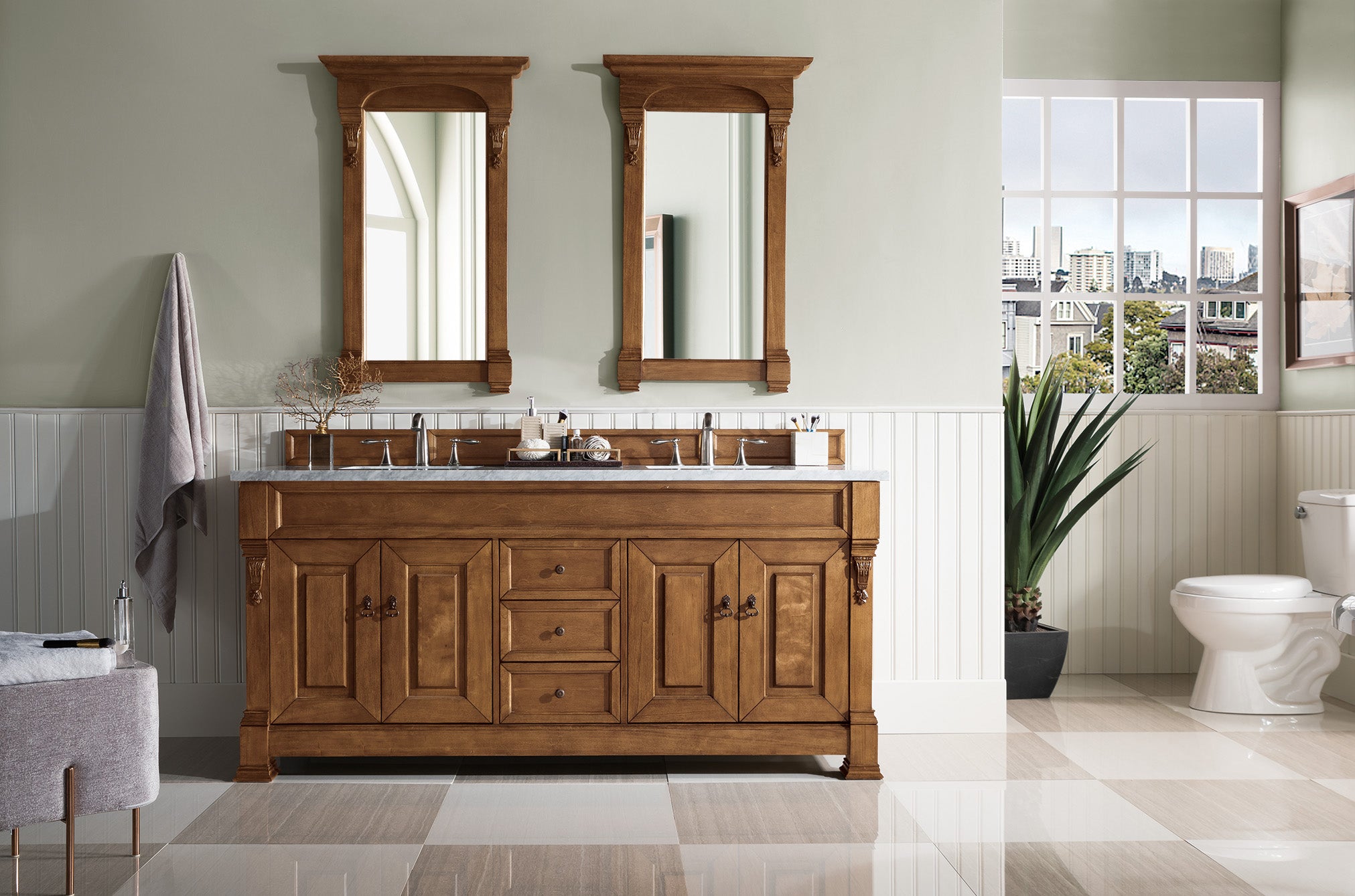 Brookfield 72-Inch Double Vanity with Country Oak Finish & 3CM Carrara Marble Top – Perfect for Master Bathroom & Luxury Home Renovation