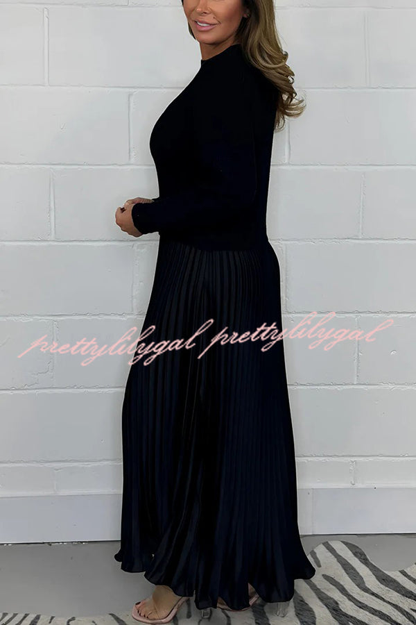 Stylish Knitted Round Neck Long Sleeve Patchwork Pleated Hem Maxi Dress for Women | Elegant Boho Chic Winter Dress | Perfect for Holiday Parties, Date Nights & Casual Outings