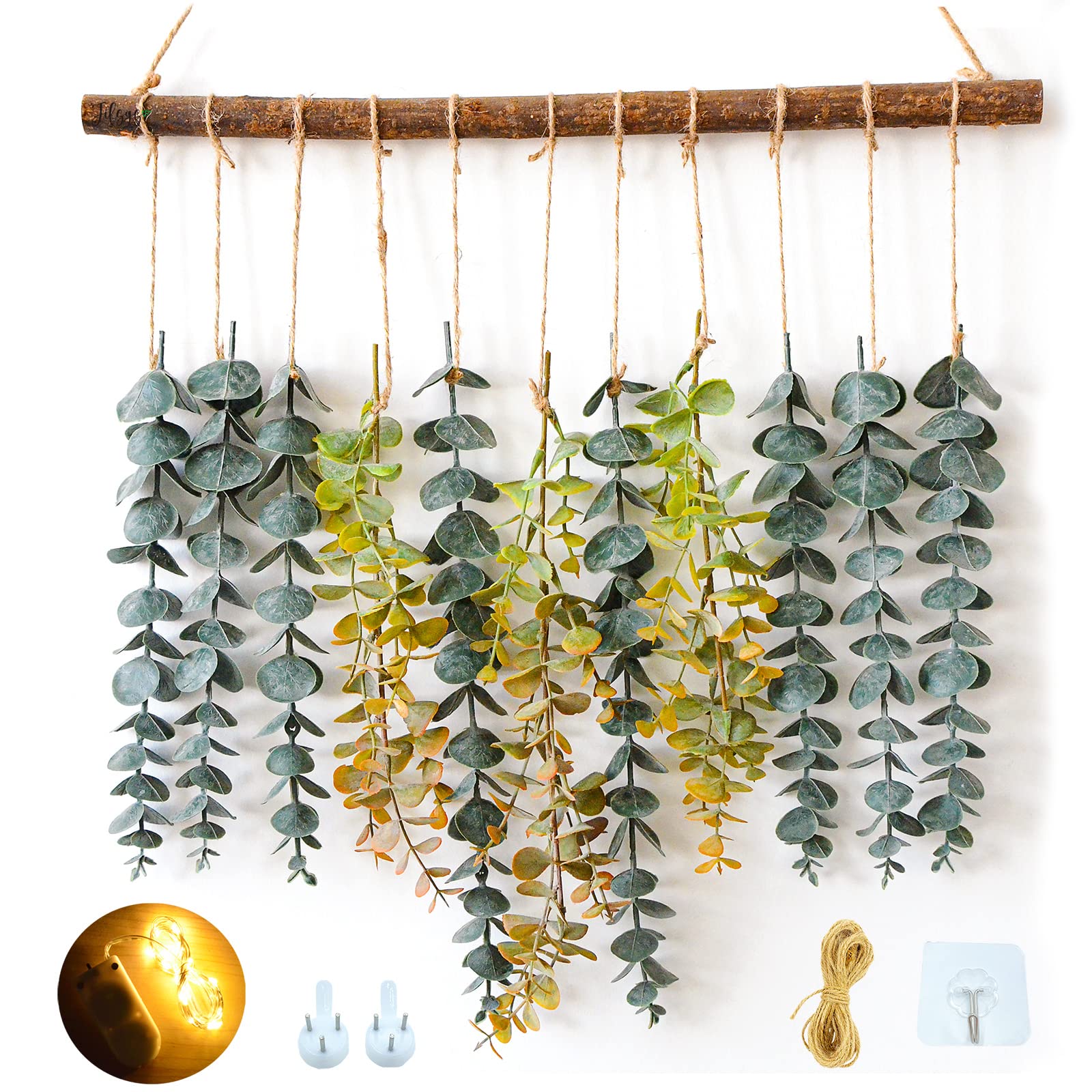 Artificial Eucalyptus Wall Hanging Decor - Fake Eucalyptus Greenery Bathroom Wall Art - Elegant Boho Home Decor for Bedroom, Living Room, Office, Nursery & Kitchen - Perfect for Spa, Wedding & Farmhouse Decor