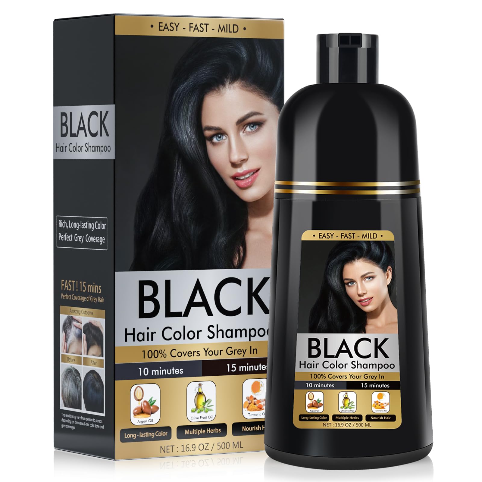 Ivnil Hair Dye Shampoo 3 in 1 - Natural Gray Coverage for Women & Men - 500ML Black | Permanent Hair Color at Home, Quick & Easy Application for Salon-Like Results