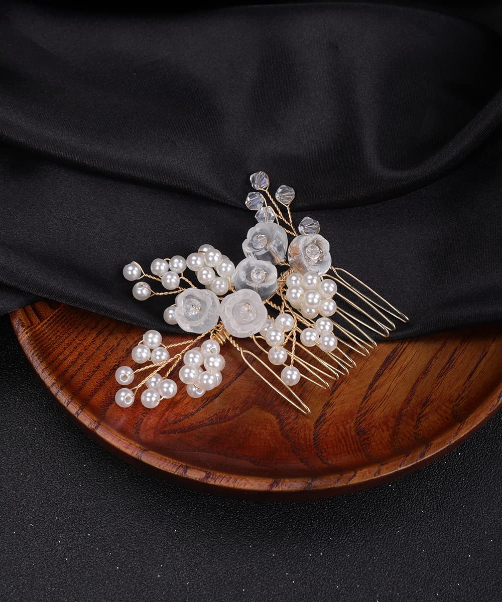 Denifery Makeup Gold Pearl Crystal Wedding Hair Comb - Elegant Bridal Hair Accessories for Brides & Bridesmaids | Perfect for Weddings, Proms & Special Occasions