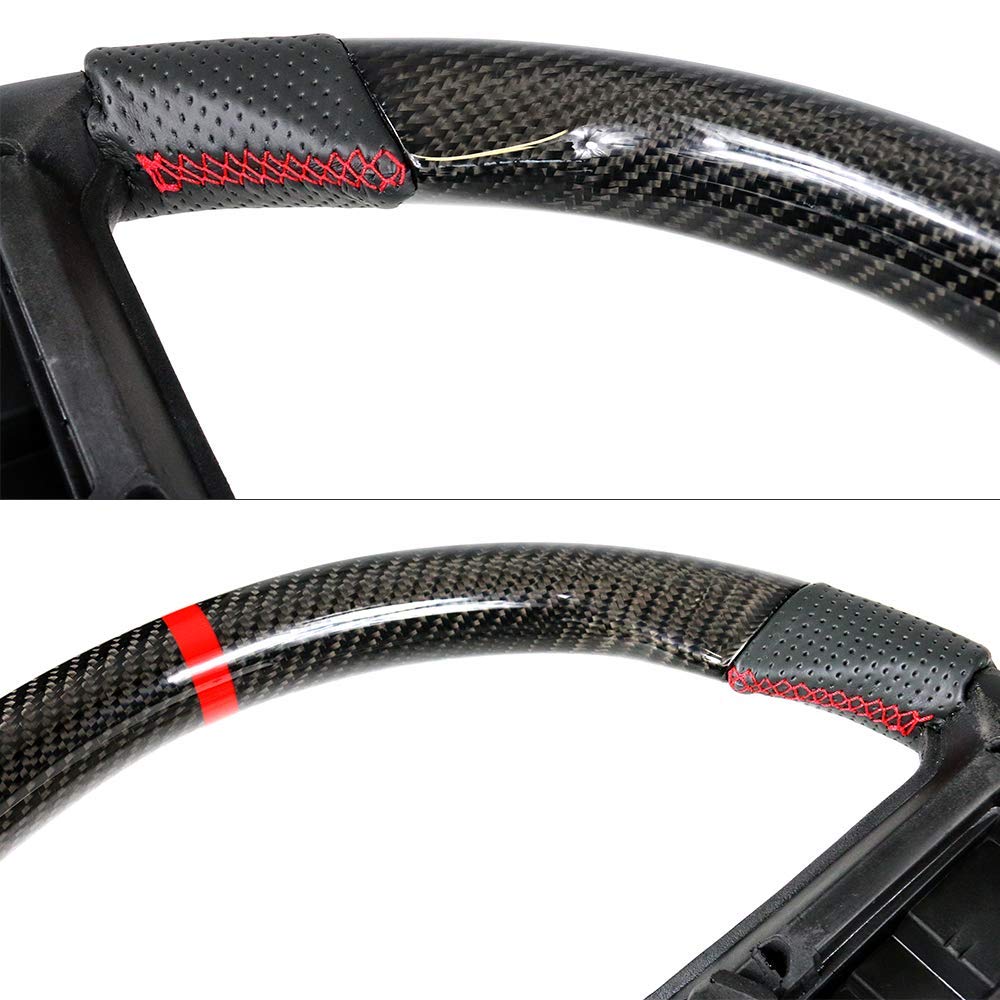 IKON MOTORSPORTS Black Carbon Fiber & Perforated Leather Steering Wheel with Red Stitching - Compatible with 2010-2014 Ford Mustang | Brushed Aluminum Trim | Perfect for Car Enthusiasts & Performance Upgrades