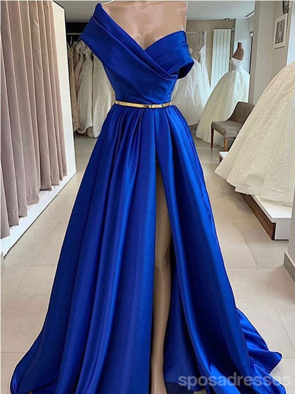 Elegant Blue A-Line Off-Shoulder High Slit Long Prom Dress for Women - Perfect for Homecoming, Formal Events & Evening Parties
