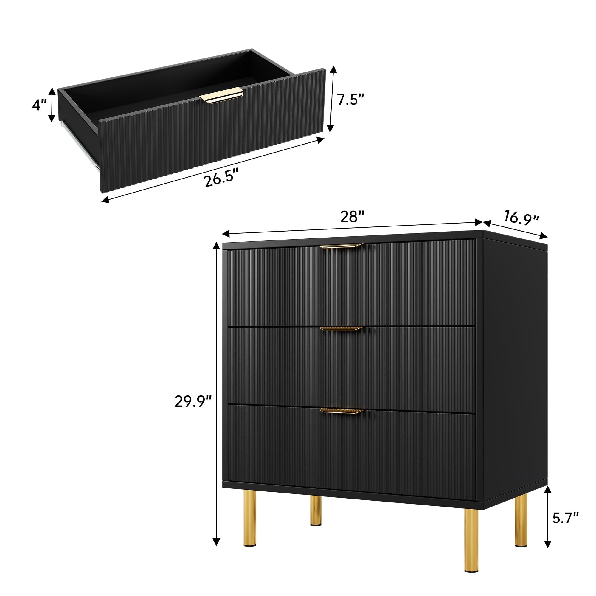 GARVEE 3-Drawer Dresser for Bedroom - Modern Wood Storage Chest with Gold Metal Handles, Anti-Tip Design, Large Nightstand Organizer for Clothes, Bedding & Accessories - Perfect for Entryway, Hallway & Living Room - Black