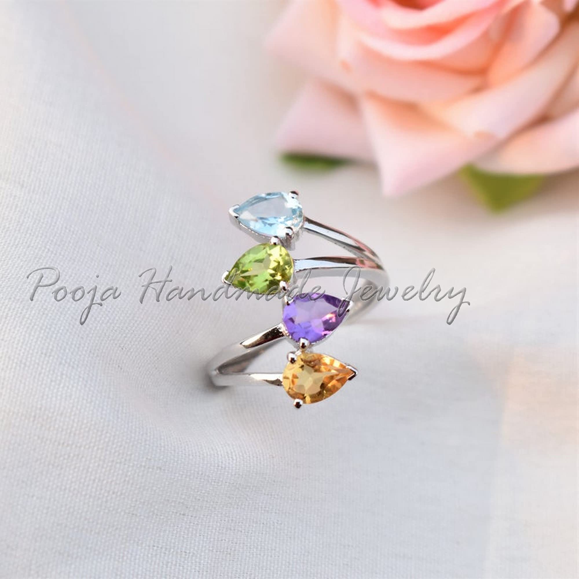 Multi Stone Ring - Blue Topaz Citrine Peridot Amethyst 925 Sterling Silver Handmade Spiral Ring | Engagement Jewelry, Wedding Gift for Her, Dainty Statement Piece | Perfect for Anniversaries, Date Nights & Special Occasions