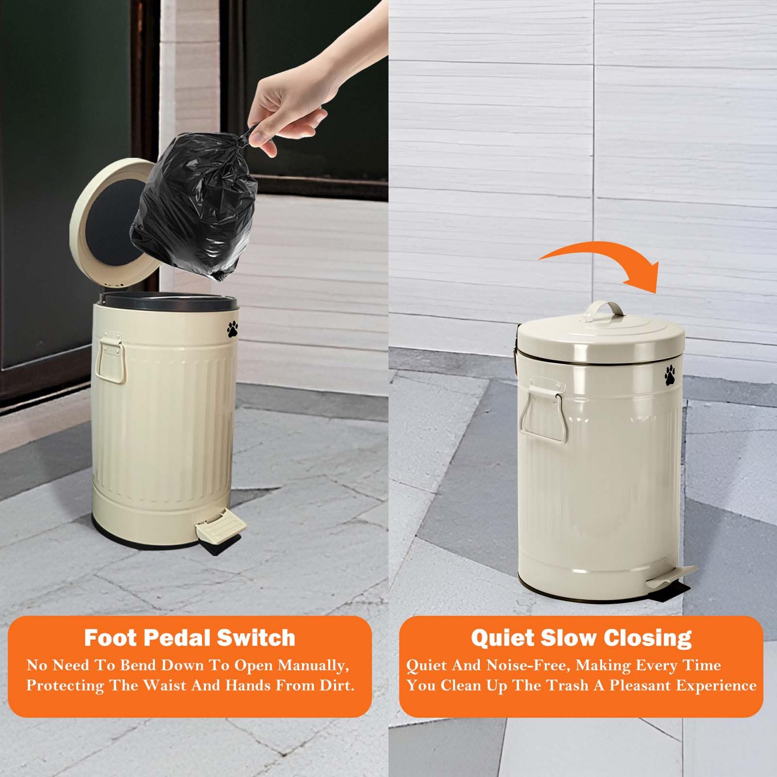 12L/3.1Gal Metal Outdoor Dog Waste Trash Can with Lid & Foot Pedal - Includes 100 Dog Poop Bags, Soft Close Design, White Round Pet Waste Bin for Backyard, Garden & Park Cleanup