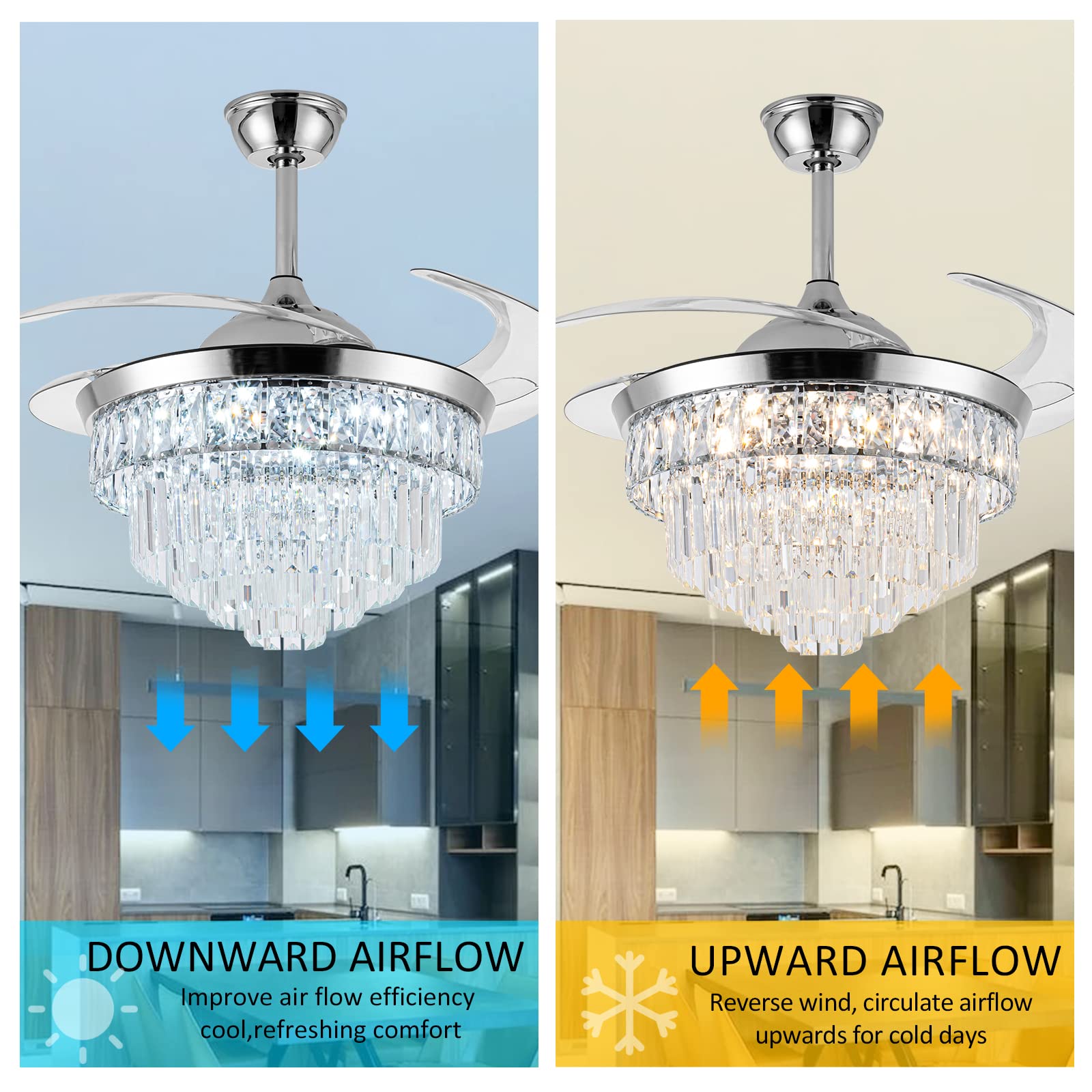 42 Inch Crystal Ceiling Fan with LED Light - Dimmable Modern Chandelier Fan, 6 Speed Retractable Blades for Bedroom, Living Room & Dining Room | Energy Efficient Cooling & Elegant Lighting Solution for Home Decor