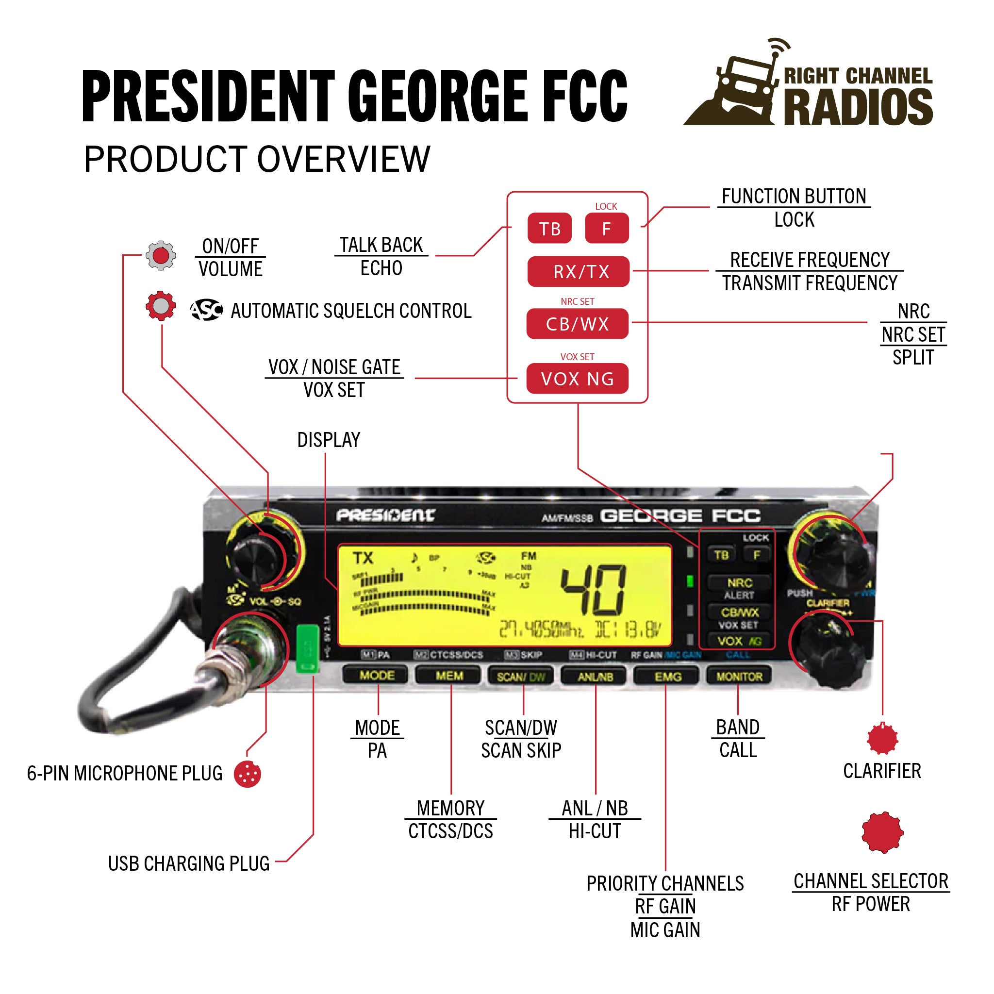 President George CB Radio - 40-Channel AM/FM Two-Way Radio with NOAA Weather Alerts for Truckers, Off-Roading & Emergency Communication