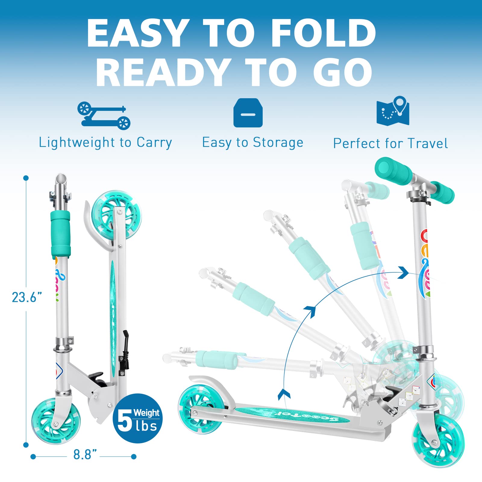 BELEEV V1 Kids Scooter - Foldable 2 Wheel Kick Scooter for Girls & Boys Ages 3-12, Adjustable Height, LED Light Up Wheels, Lightweight & Durable Frame with Kickstand - Perfect for Commuting, School, Park & Outdoor Fun