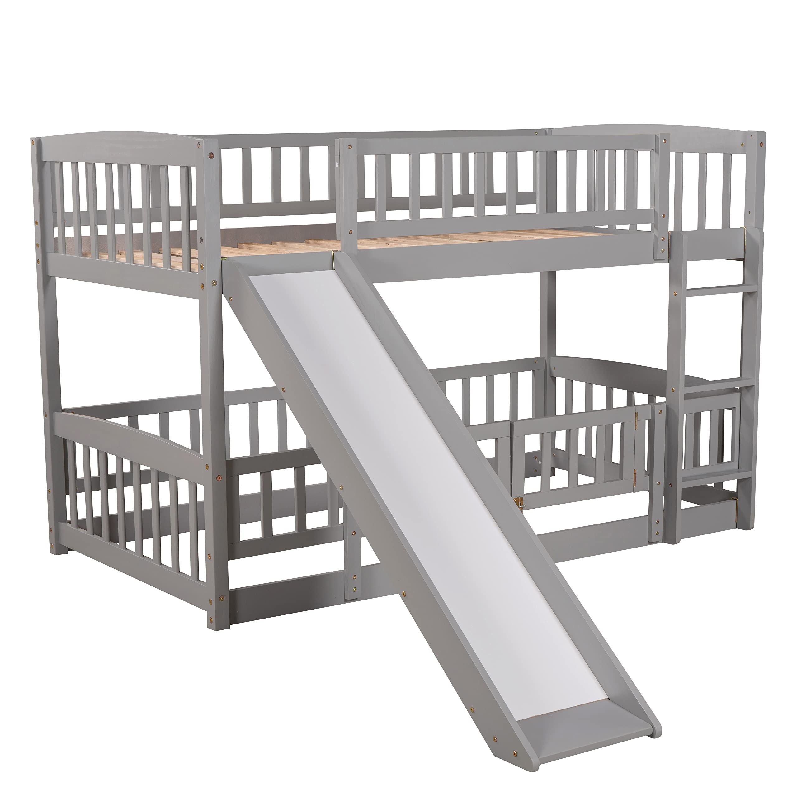 Harper & Bright Designs Twin Over Twin Bunk Bed with Slide - Low Loft Wooden Bunk Bed Frame with Safety Fence & Ladder for Kids, Toddlers & Teens - Easy Assembly (Gray) - Perfect for Small Bedrooms, Shared Kids' Rooms & Sleepovers