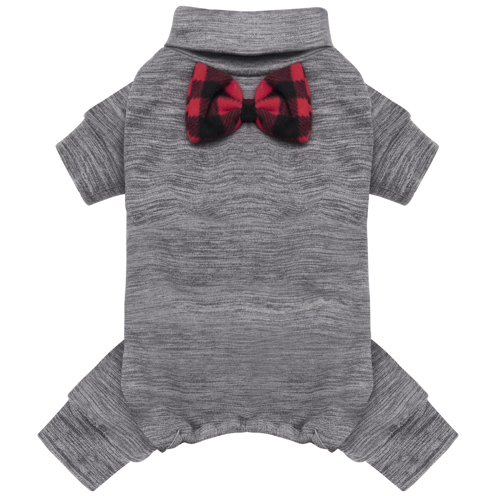 KYEESE Stretchy Dog Sweater with Bowtie - Soft Warm Turtleneck Dog Pajamas for Small Dogs - Cozy Winter Onesie for Cold Weather - Grey - Perfect for Indoor Lounging & Outdoor Walks