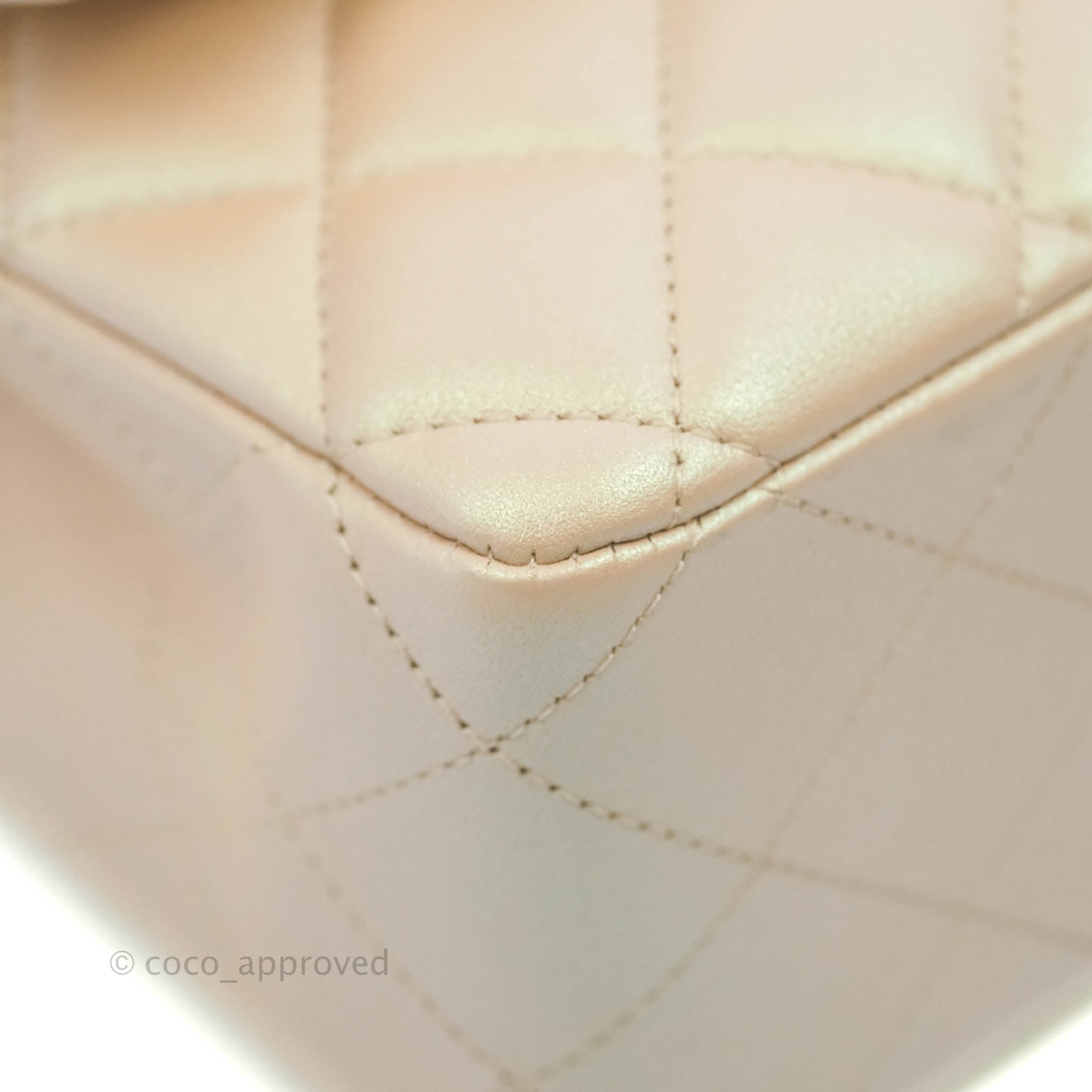 Chanel Classic Medium Double Flap Bag Iridescent Beige Calfskin Leather with Gold Hardware 21S Collection - Perfect for Luxury Everyday Use & Special Occasions