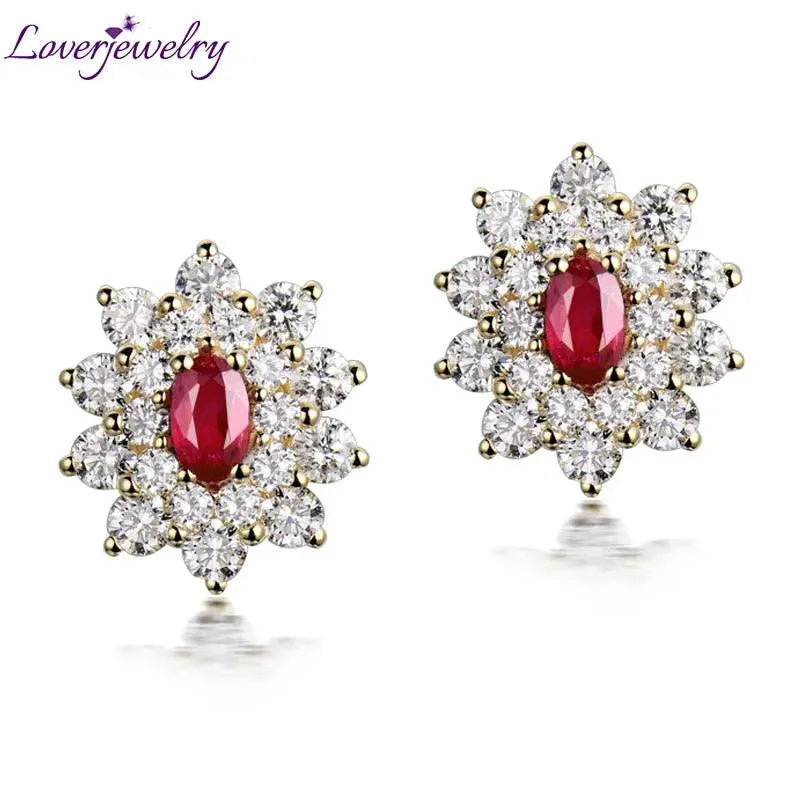 18K Yellow Gold Stud Ruby Earrings for Women - 1.64Ct Oval Natural Ruby with Diamonds, Elegant Engagement & Party Jewelry | Perfect for Weddings, Anniversaries, and Special Occasions
