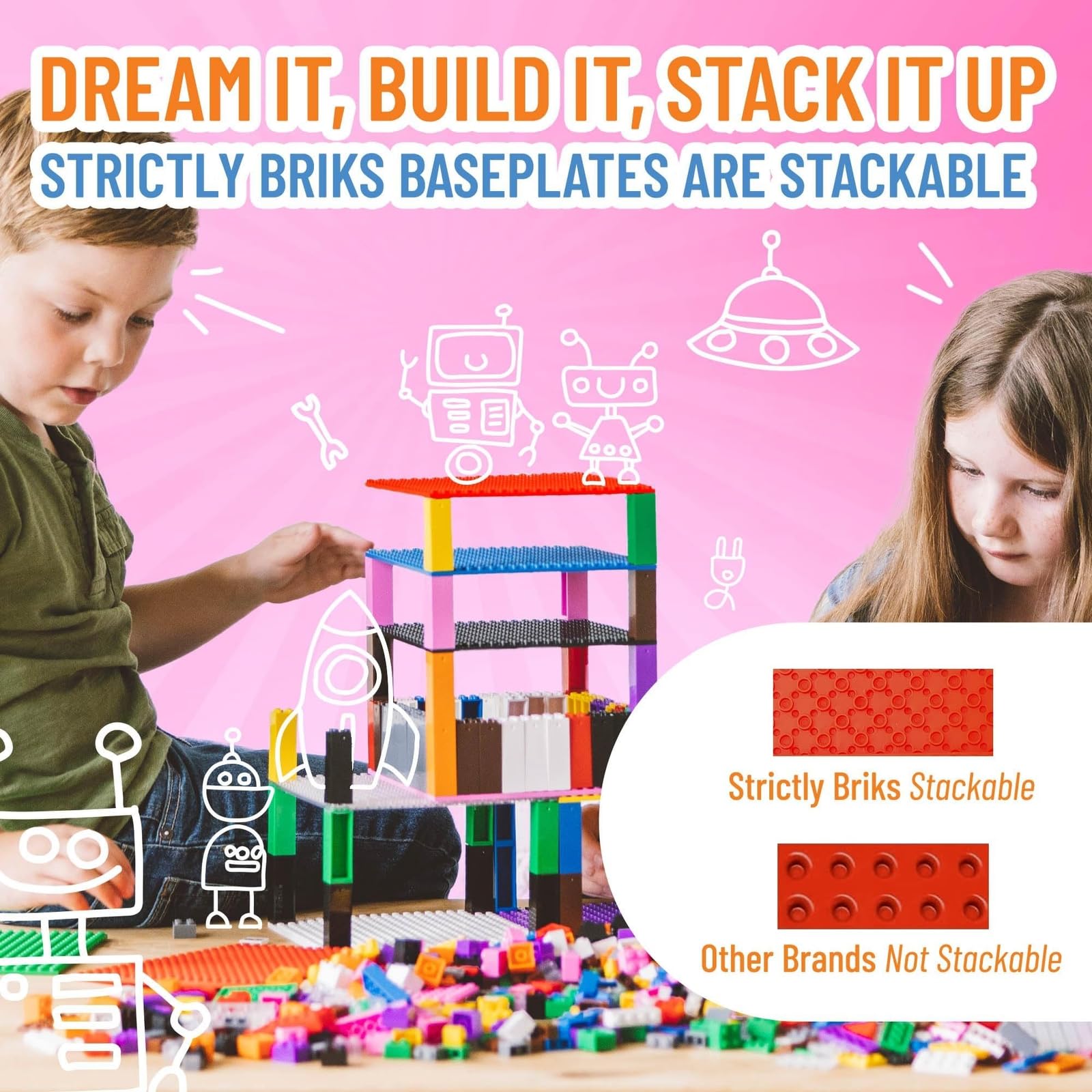 Strictly Briks Lego-Compatible 10x10 Inch Building Baseplates - 4 Stackable Toy Blocks with 30 Connectors (Blue, Green, Red, Yellow) for Kids STEM Learning | Perfect for Creative Play, Classroom Activities & DIY Brick Towers