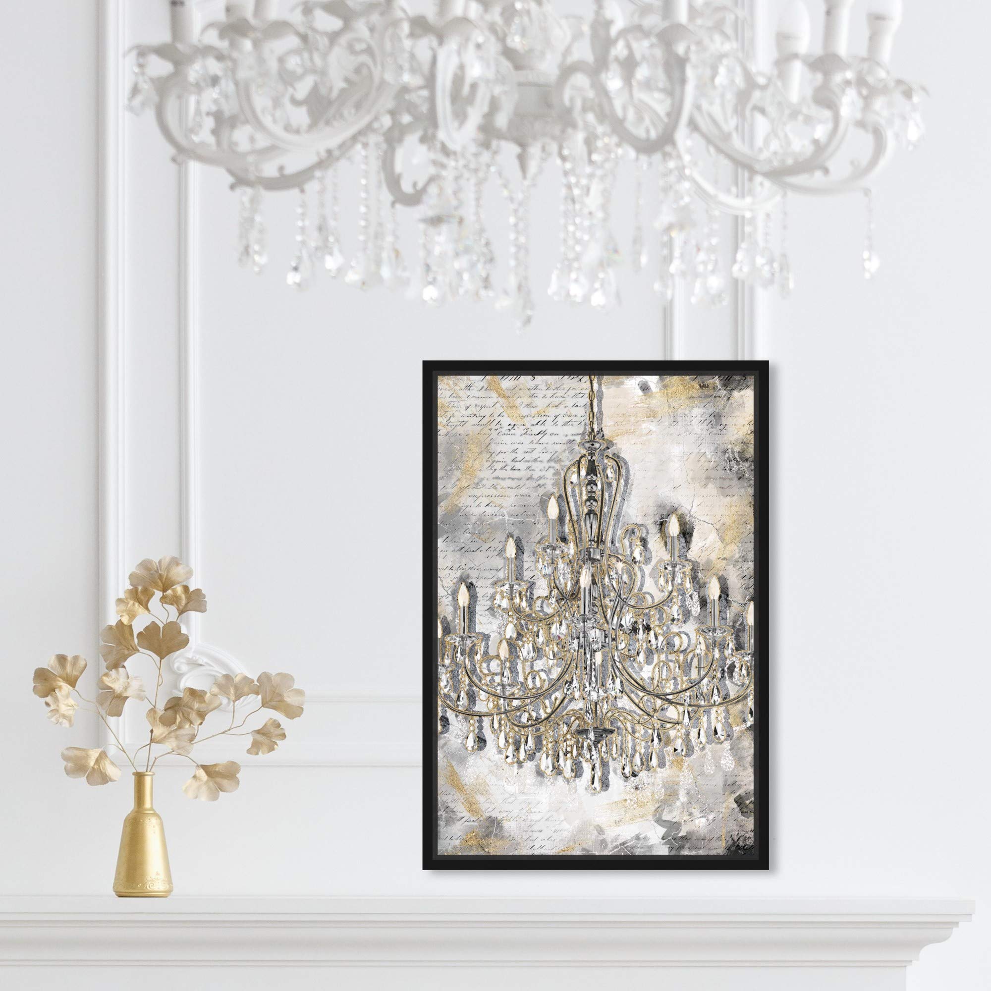 Oliver Gal Artist Co. Fashion & Glam Wall Art - Framed Canvas Print 'Calligraphy Chandeliers' in Gold & Gray (10x15 inches) - Elegant Home Décor for Living Room, Bedroom & Office