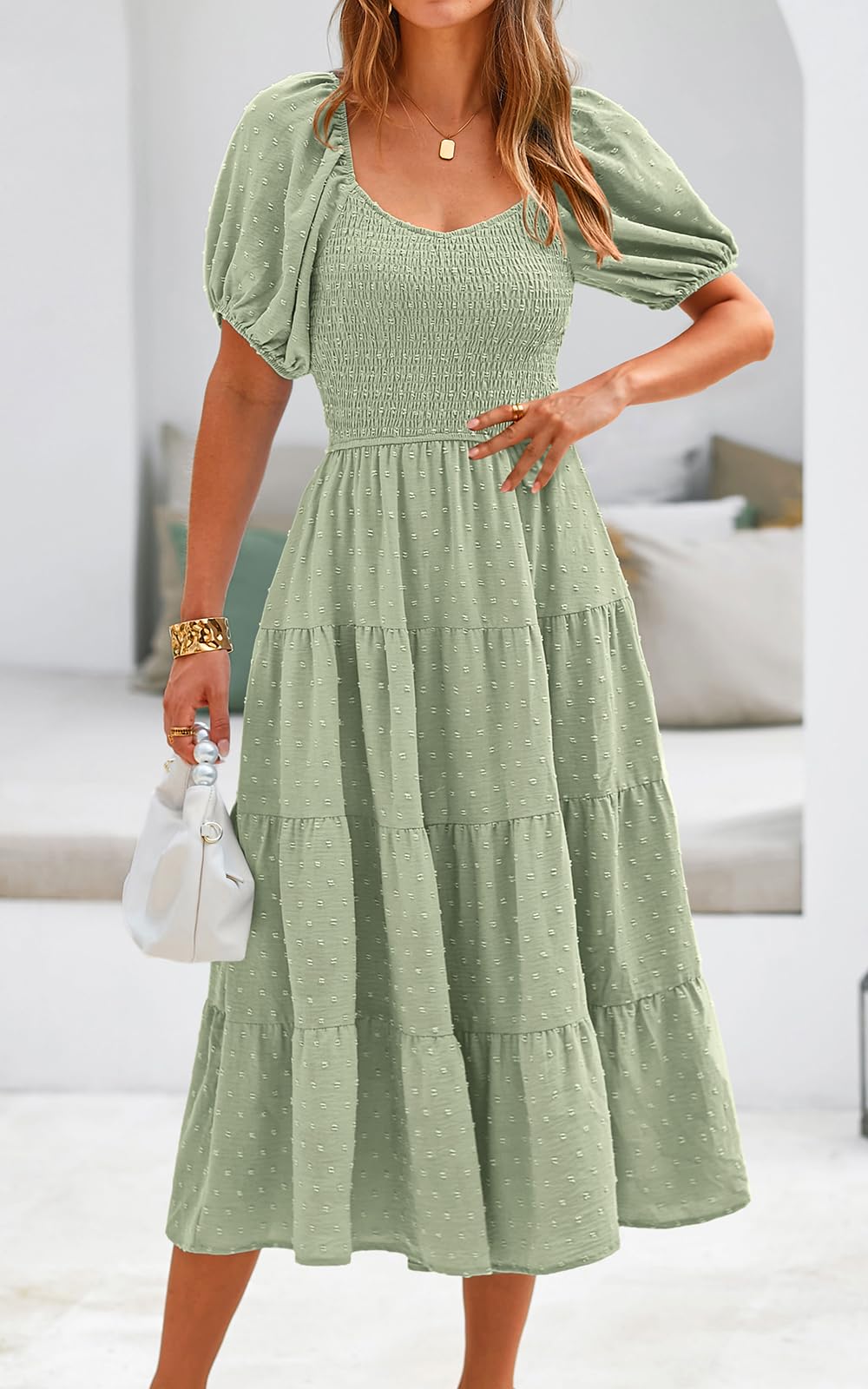 PRETTYGARDEN Women's Elegant Puff Sleeve V-Neck Swiss Dot Chiffon Maxi Dress - High Waist Tiered Smocked Design for Spring 2025 | Perfect for Weddings, Garden Parties & Summer Vacations