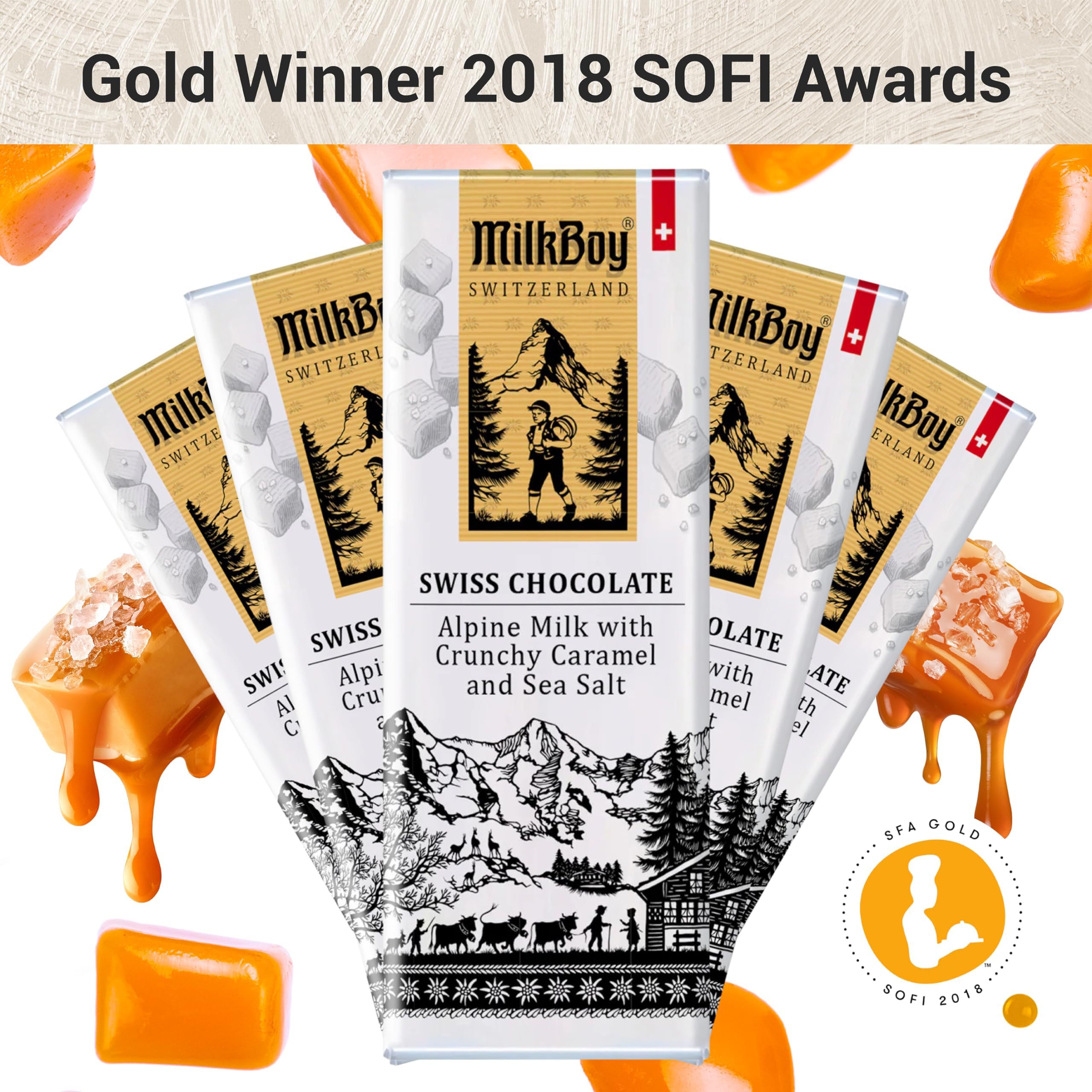 Premium Swiss Milk Chocolate Bars with Caramel & Sea Salt - 10 Pack for Gifting & Snacking