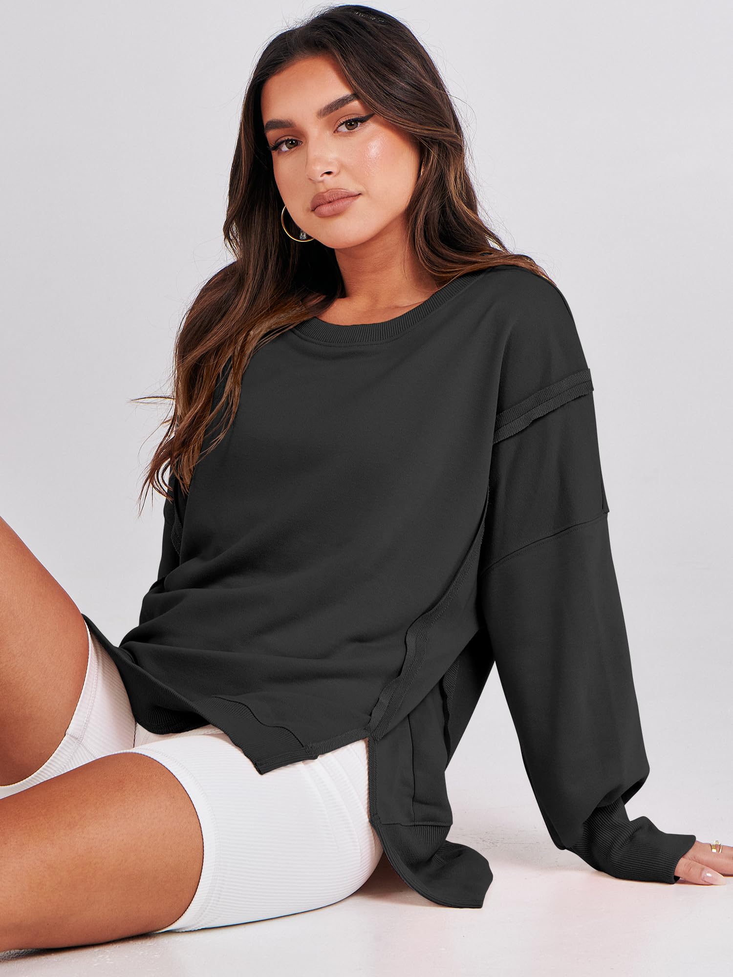 ANRABESS Women's Oversized Sweatshirt - Soft Crewneck Long Sleeve Pullover - Casual Loose Fit with Side Slits - Cozy Fall Winter Fashion 2025 - Perfect for Lounge, Travel & Streetwear Outfits