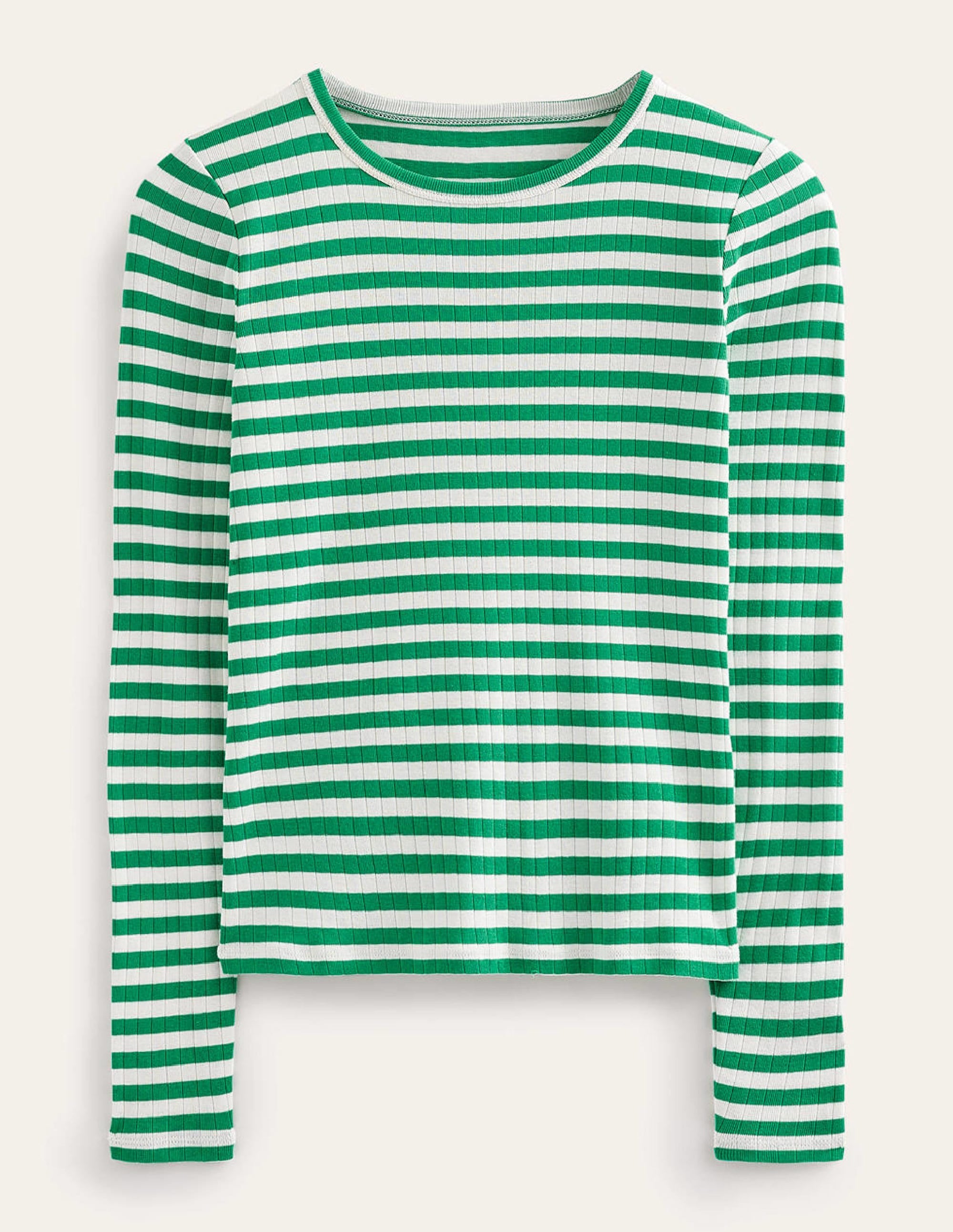 Anna Rib Crew T-Shirt for Women - Soft Meadow Green with Ivory Stripe - Casual Comfort Fit for Everyday Wear & Layering