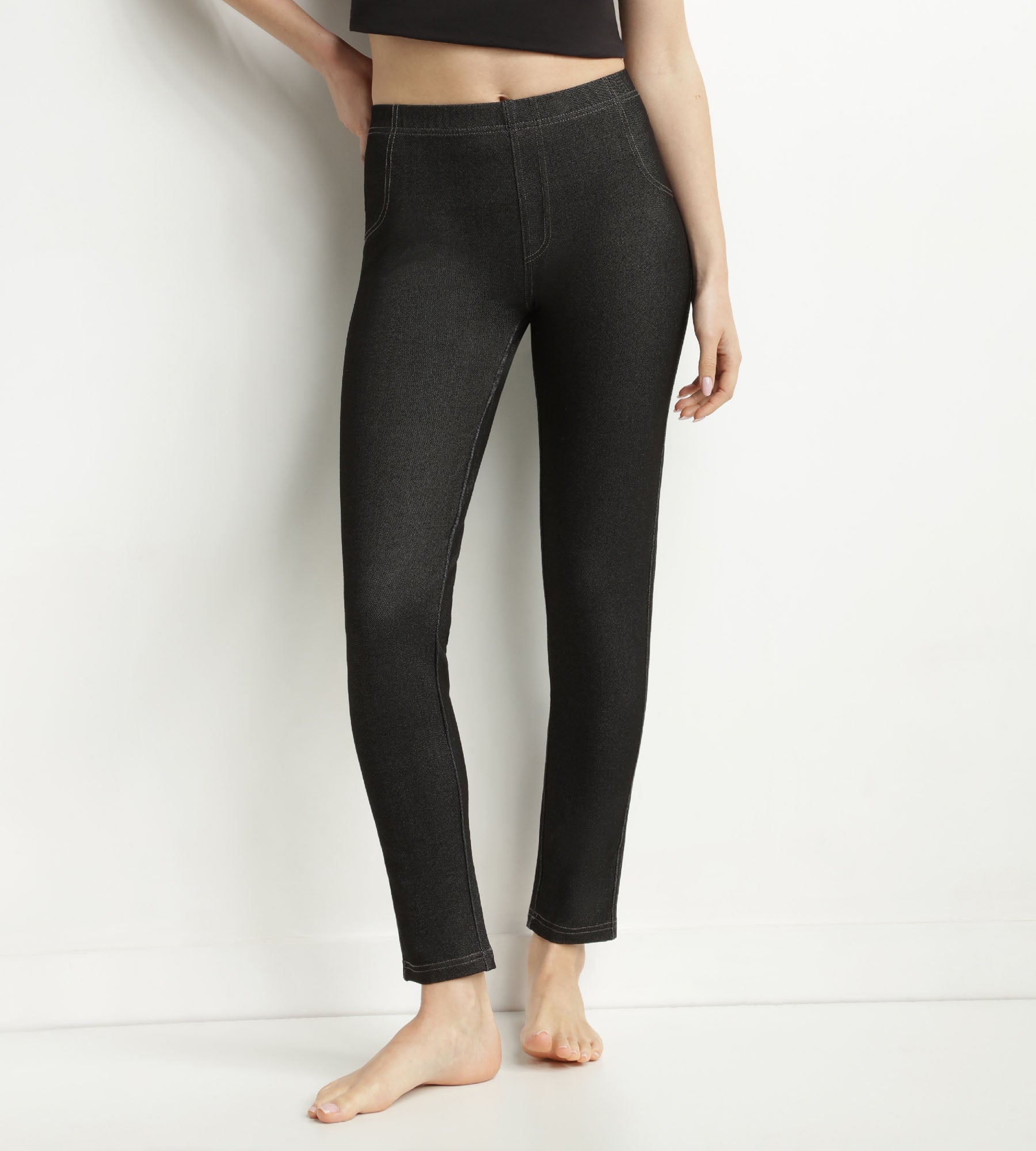 Black High Waist Jean Effect Leggings for Women with Pockets - Comfortable & Stretchy - Perfect for Yoga, Workout, Running & Casual Wear