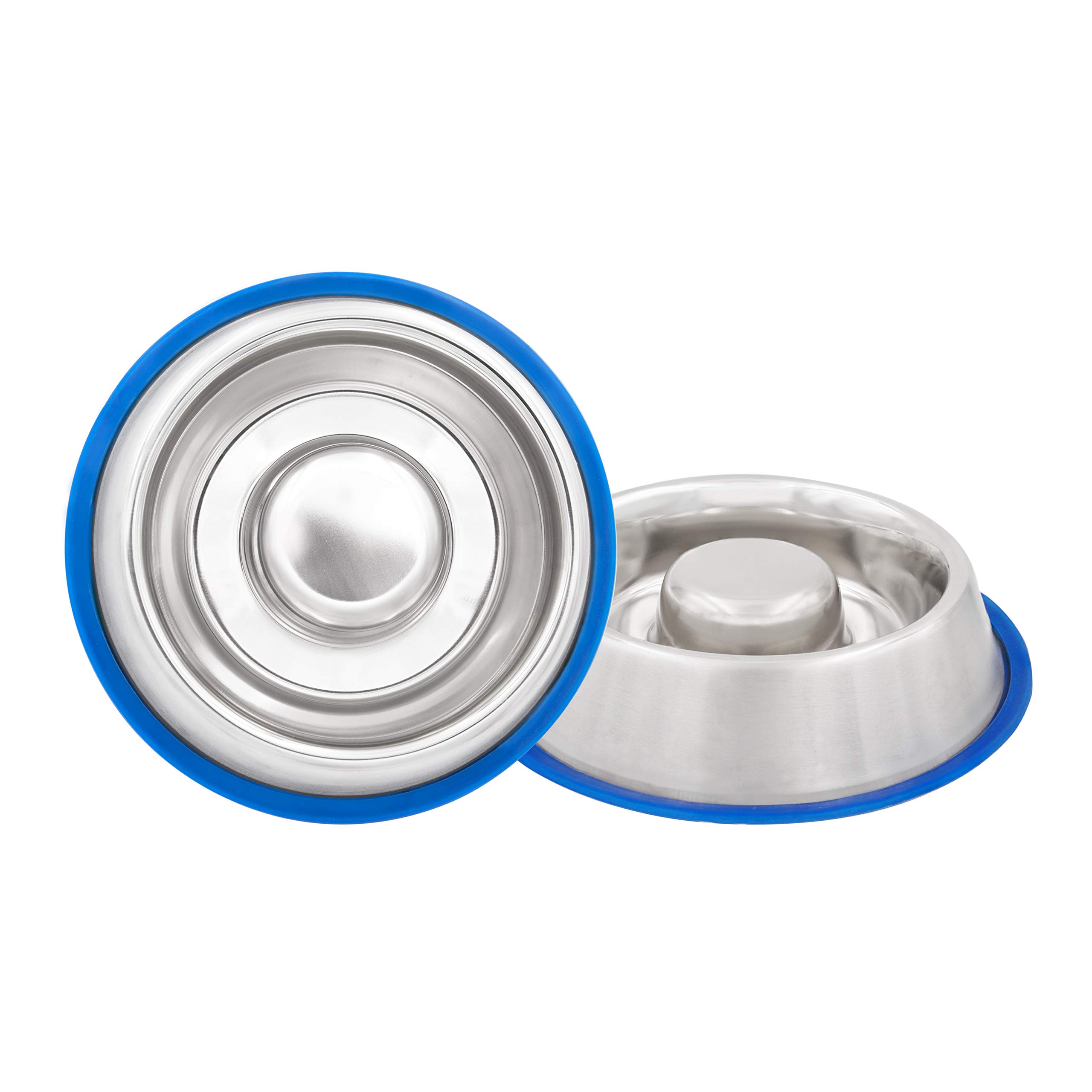 Slow Feeder Dog Bowl with Non-Slip Base - Stainless Steel Pet Food & Water Dish for Dogs & Cats - 45oz Capacity, Durable & Spill-Proof - Perfect for Fast Eaters, Mealtime Enrichment & Puzzle Feeding (Metallic Silver/Blue)