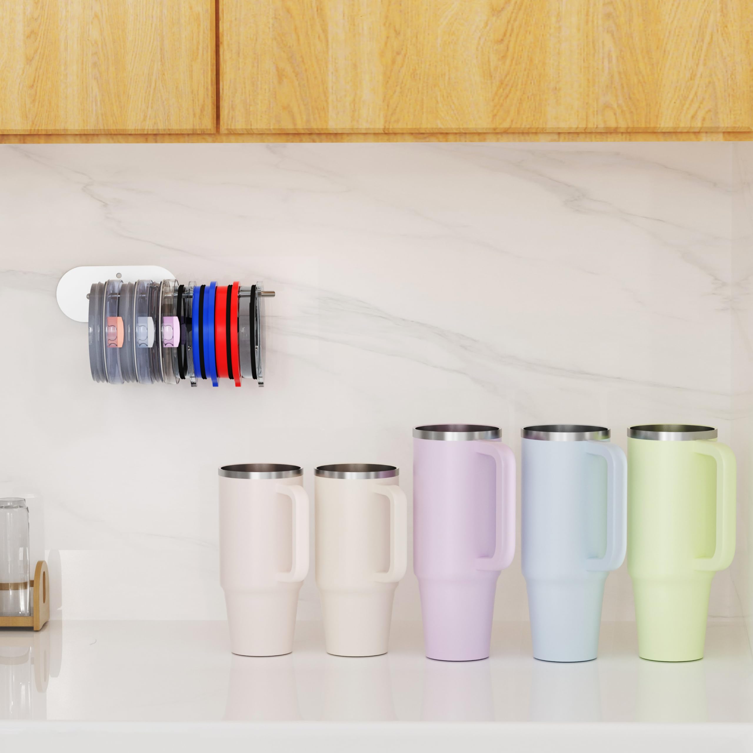 Space Saving Cup Lid Organizer Hook - Self-Adhesive or Drilling Tumbler Lid Storage for Yeti, Stanley & Simple Modern Tumblers - Perfect for Kitchen Cabinet, RV & Office Organization