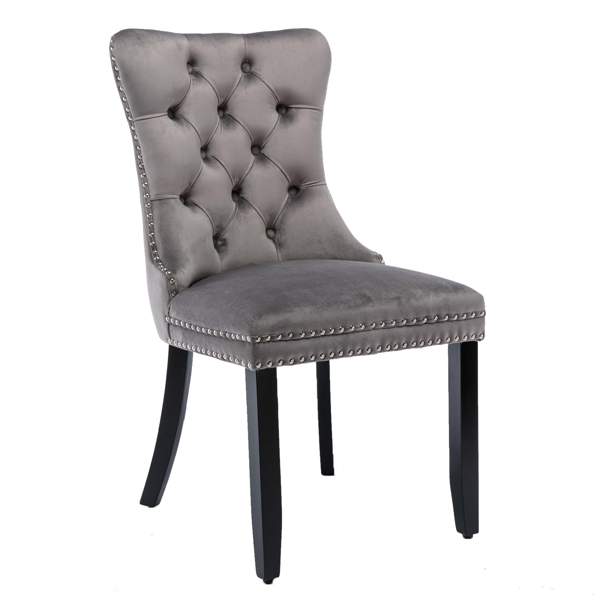 Rhomtree Set of 2 Velvet Dining Chairs - Luxury Tufted Back with Nailhead Trim & Ring Pull, Solid Rubberwood Legs (Grey/Black) for Kitchen, Dining Room & Home Decor