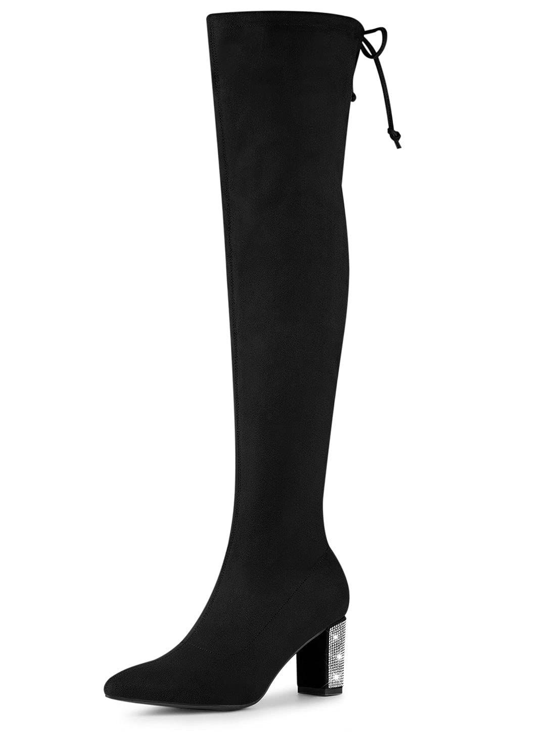 Allegra K Women's Chunky High Heel Boots with Rhinestones - Over The Knee Stretch Boots for Party, Night Out & Special Occasions