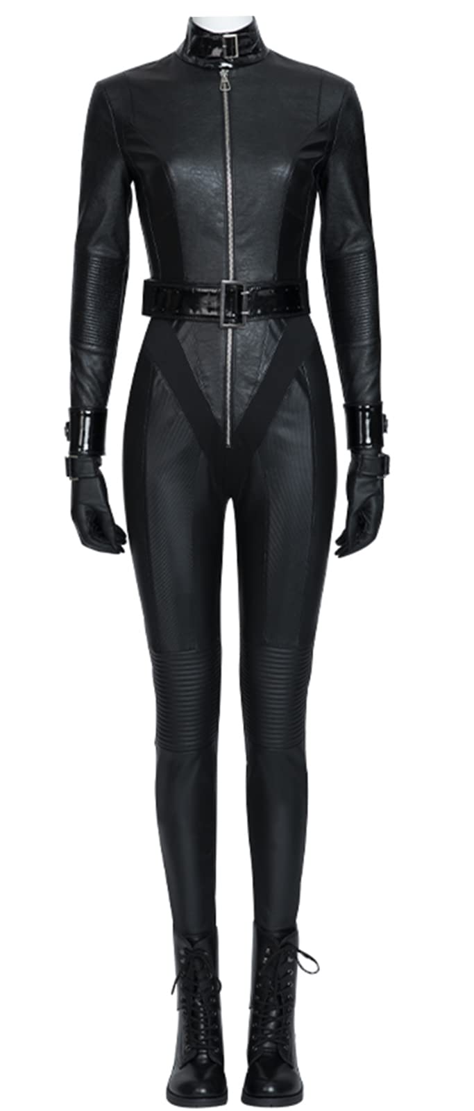 Black Leather Catwoman Cosplay Jumpsuit - Women's Dark Knight Halloween Costume with Headcover | Sexy Superhero Bodysuit for Cosplay, Halloween Parties & Comic Conventions