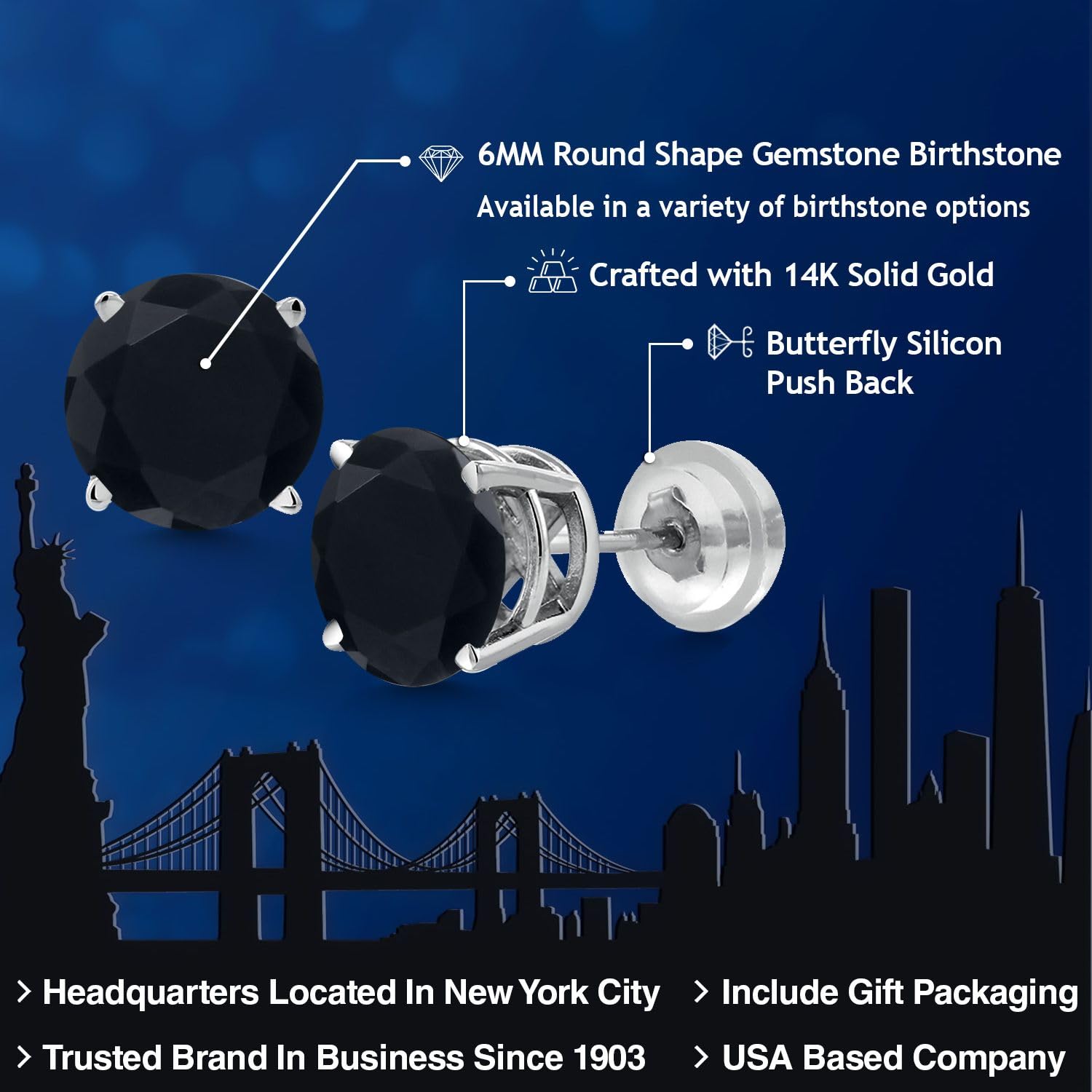 14K White Gold Black Onyx Stud Earrings for Women & Men - 1.60 Cttw, Round 6MM Gemstone Birthstone Jewelry | Perfect for Gifts, Anniversaries & Everyday Elegance