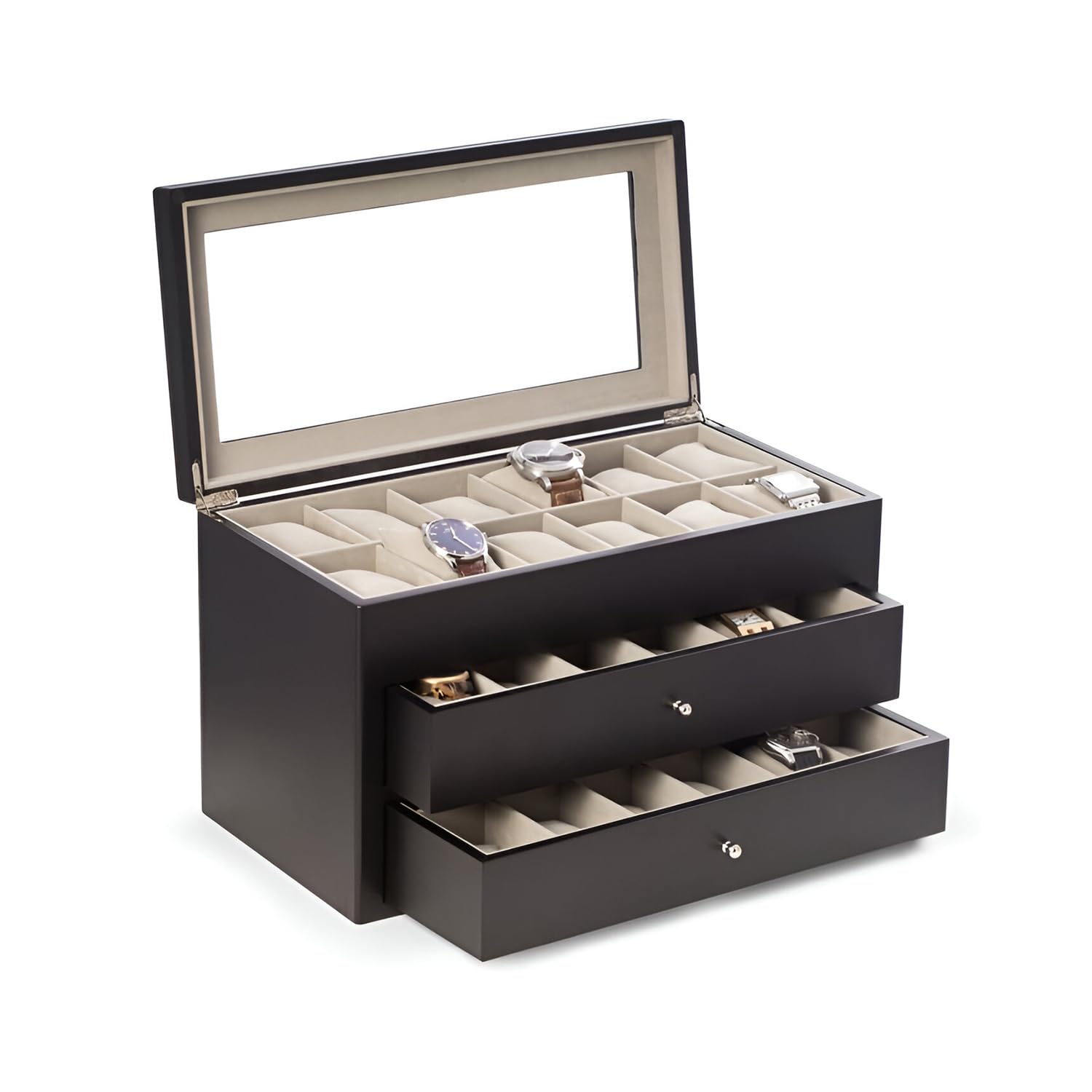 Bey-Berk Duke Matte Black Wood Watch Box - 36-Slot Watch Organizer with Glass Top, 2 Drawers & Velour Lining | Luxury Watch Storage for Men & Women | Perfect for Dresser, Closet or Travel