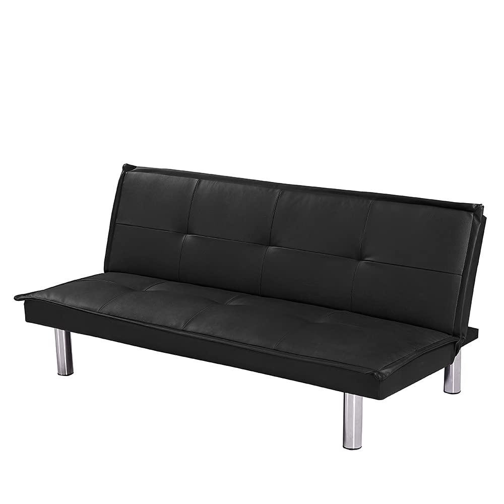 Convertible Futon Sofa Bed - PU Leather Sleeper Sofa with 4 Chrome Legs, Adjustable Recliner & Tufted Back - Space-Saving Foldable Couch for Living Room, Bedroom, Dorm, Apartment (Black) | Perfect for Small Spaces, Guest Rooms & Studio Apartments