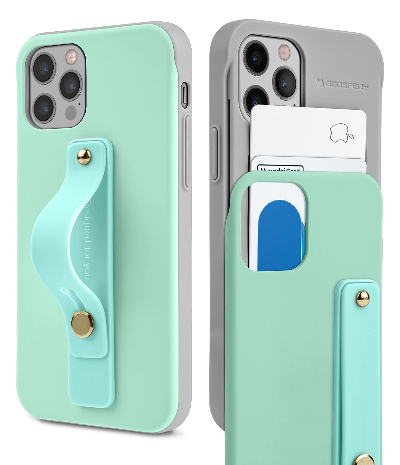 Goospery SlideTok Compatible Case for iPhone 12/12 Pro - Mint Wallet Cover with Card Holder, Finger Band Loop, Stretch Grip, Kickstand, Dual Layer Protective Bumper, 2 Card Storage - Perfect for Daily Use and Travel