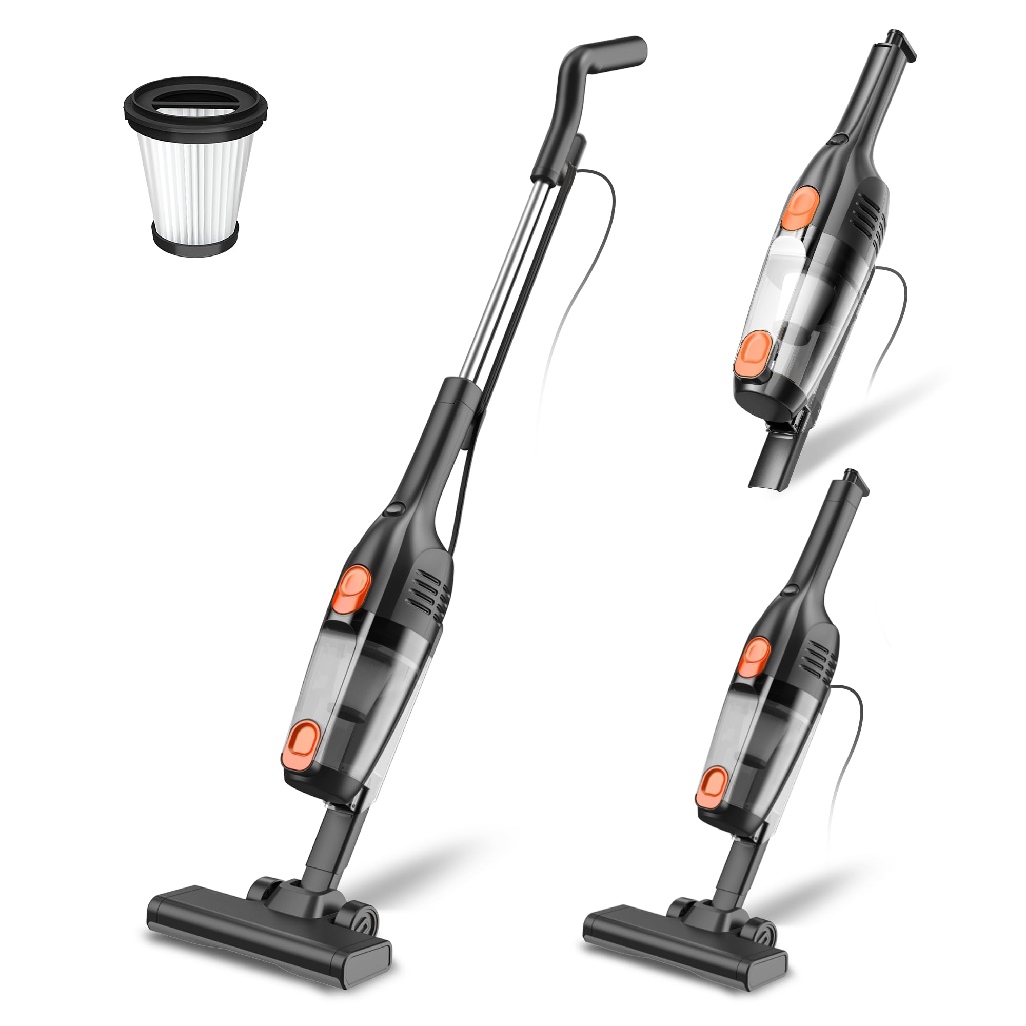 20000Pa Powerful Corded Stick Vacuum Cleaner with 16Ft Long Cord - 2-in-1 Lightweight Vacuum for Hard Floors & Pet Hair (Orange) - Perfect for Home Cleaning, Pet Owners & Quick Pickups