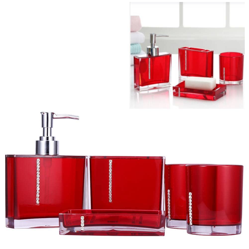 5-Piece Luxury Acrylic Bathroom Accessories Set - Toothbrush Holder, Soap Dish, Cup, Bottle & Lotion Pump Dispenser - Modern Vanity Organizer for Home Decor (Red) - Perfect for Spa-Like Bathroom Experience & Stylish Organization