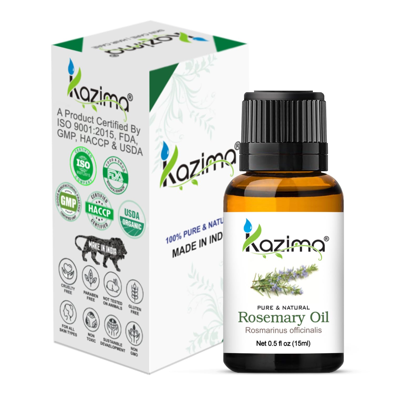 KAZIMA 100% Pure Rosemary Oil & Peppermint Oil Combo (15ml Each) - Essential Oils for Hair Growth, Skin Care, Aromatherapy, Muscle & Joint Pain Relief - Perfect for Diffusers, Massage & DIY Beauty Products