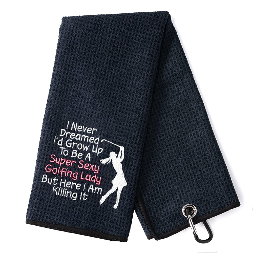 Funny Embroidered Golf Towel with Clip - Super Sexy Lady Design for Golf Bags | Perfect Golf Gift for Men & Women | Birthday, Retirement Gift Idea for Golf Lovers | Great for Course, Practice & Clubhouse Use