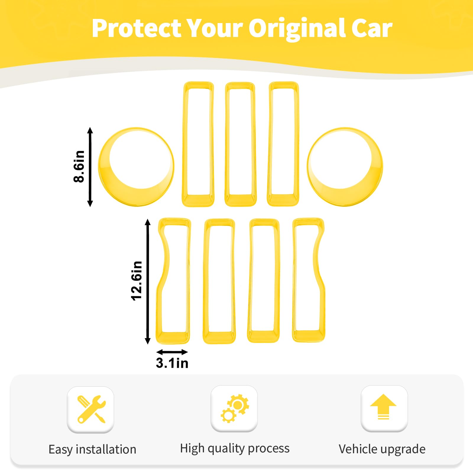 RT-TCZ Jeep Wrangler JL/JLU (2018-2022) Mesh Front Grille Insert with Headlight Covers - 9-Piece Yellow Exterior Accessory Kit for Off-Road Protection & Style Enhancement | Perfect for Trail Riding, Urban Driving & Jeep Customization