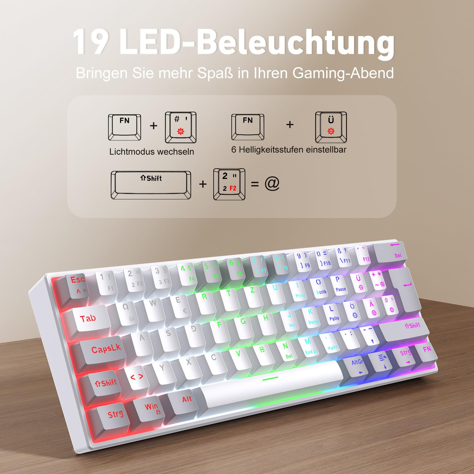 TECURS 60% Mechanical Gaming Keyboard with Blue Switches - Anti-Ghosting, LED Backlit, Wired USB for PC & PS4 (White & Grey) - Perfect for Competitive Gaming & Office Work