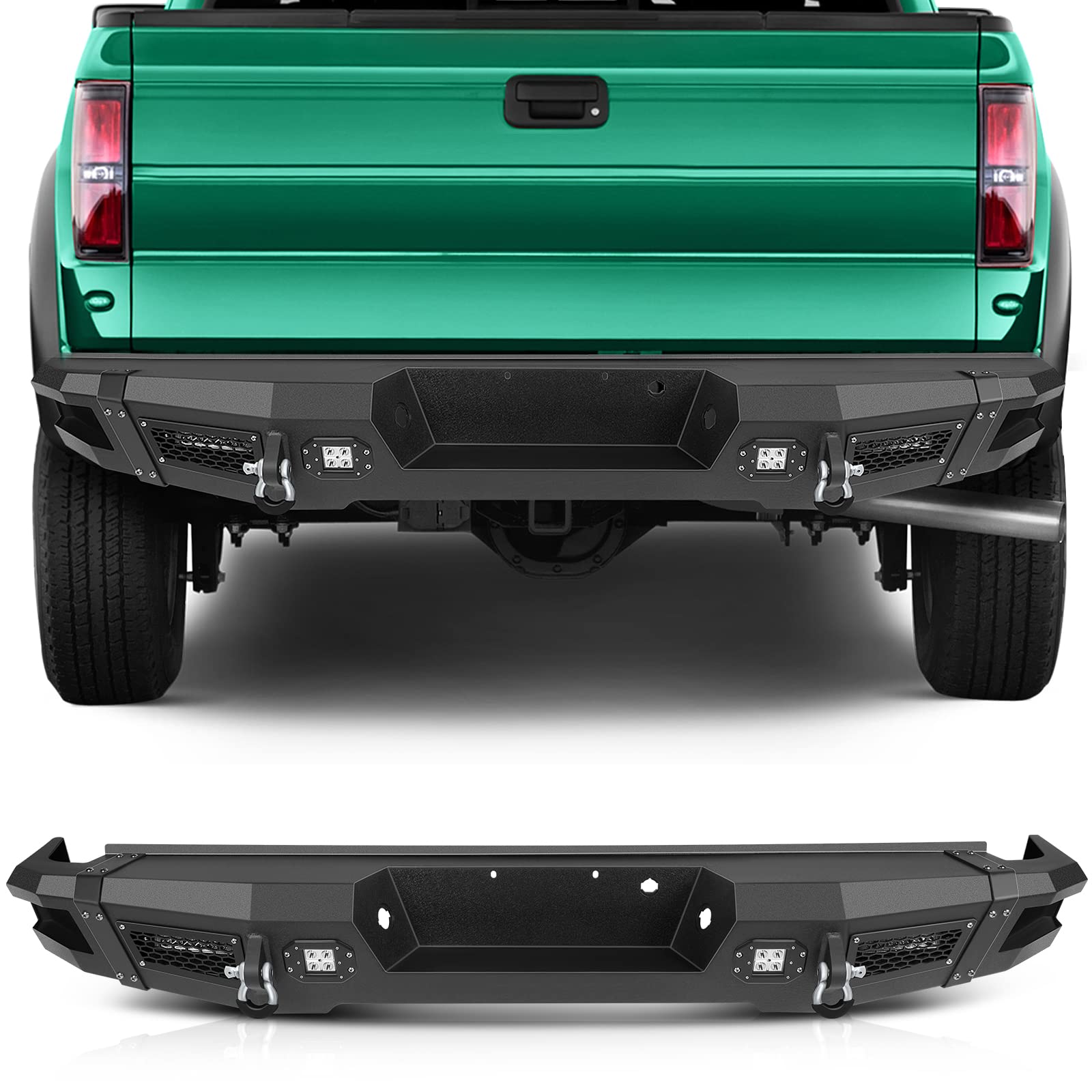 SCITOO Rear Bumper Replacement for 2009-2014 Ford F-150 with D-Ring & LED Lights - Textured Black - Heavy Duty Off-Road Truck Accessory for Towing & Adventure
