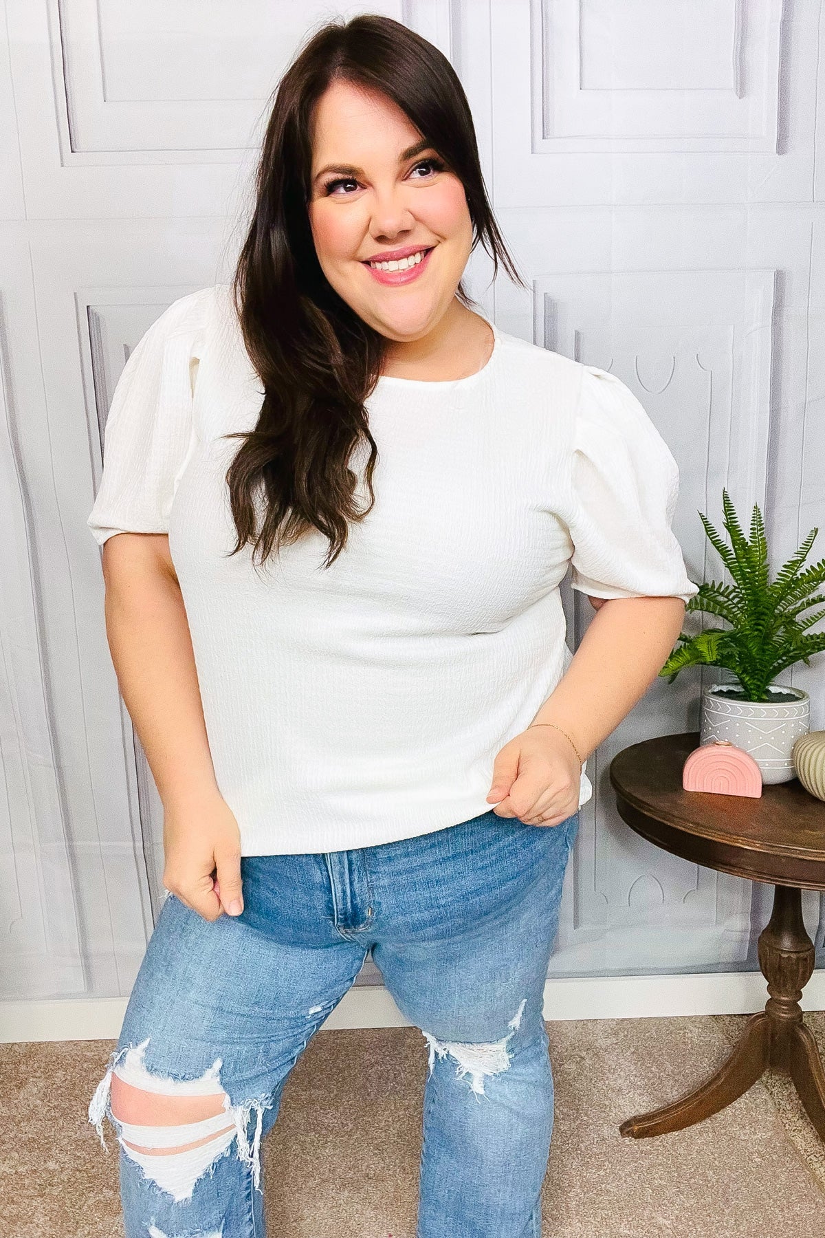 Stylish White Crinkle Textured Woven Puff Sleeve Top with Haptics - Trendy Women's Blouse for Casual Wear, Date Night & Office Outfits