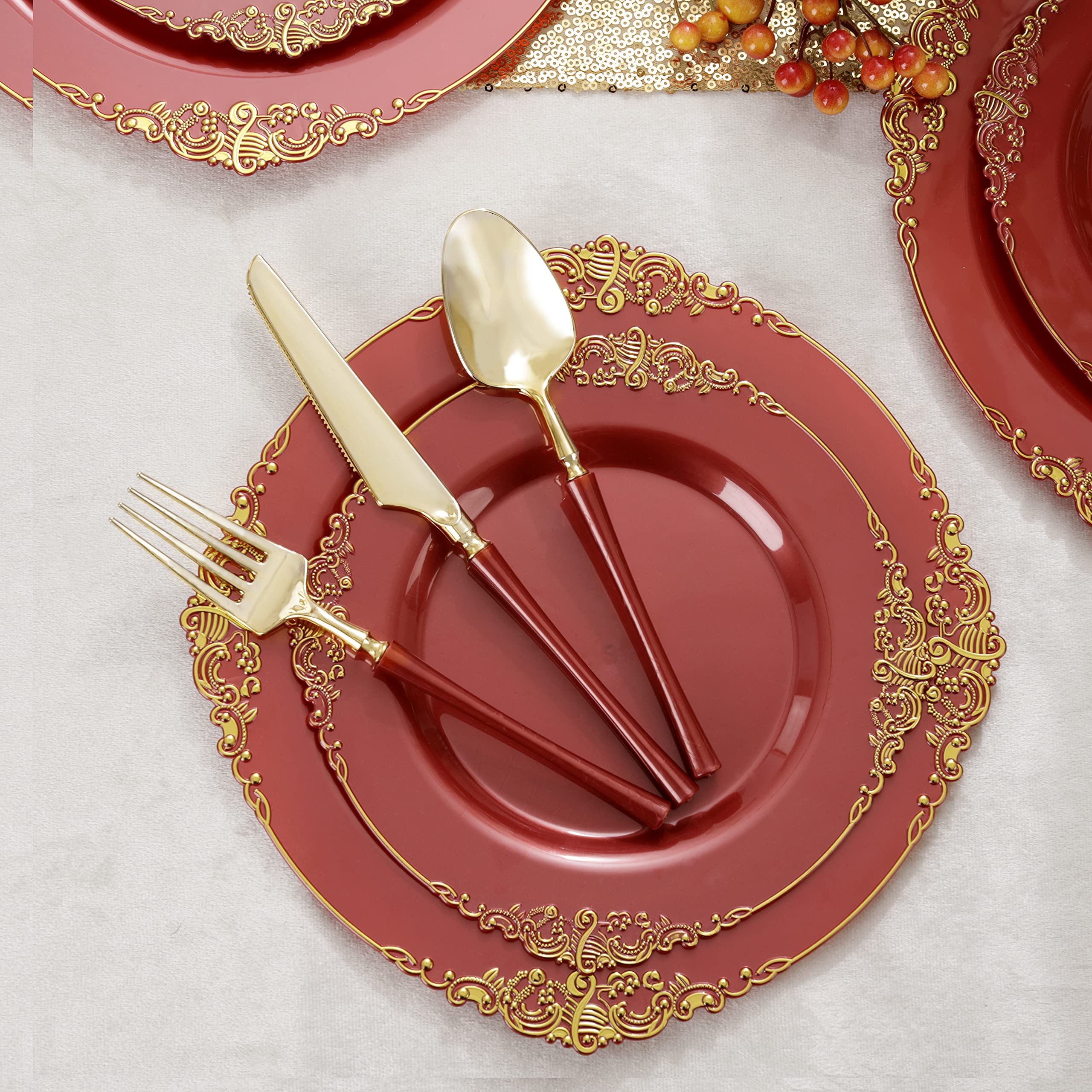 Liacere 50-Pack Disposable Red Plastic Plates Set - 25PCS 7.5 Inch Dessert Plates & 25PCS 10.25 Inch Dinner Plates with Gold Trim for Christmas Party, Wedding Reception, New Year Celebration, Birthday, BBQ, Picnic and Holiday Gatherings