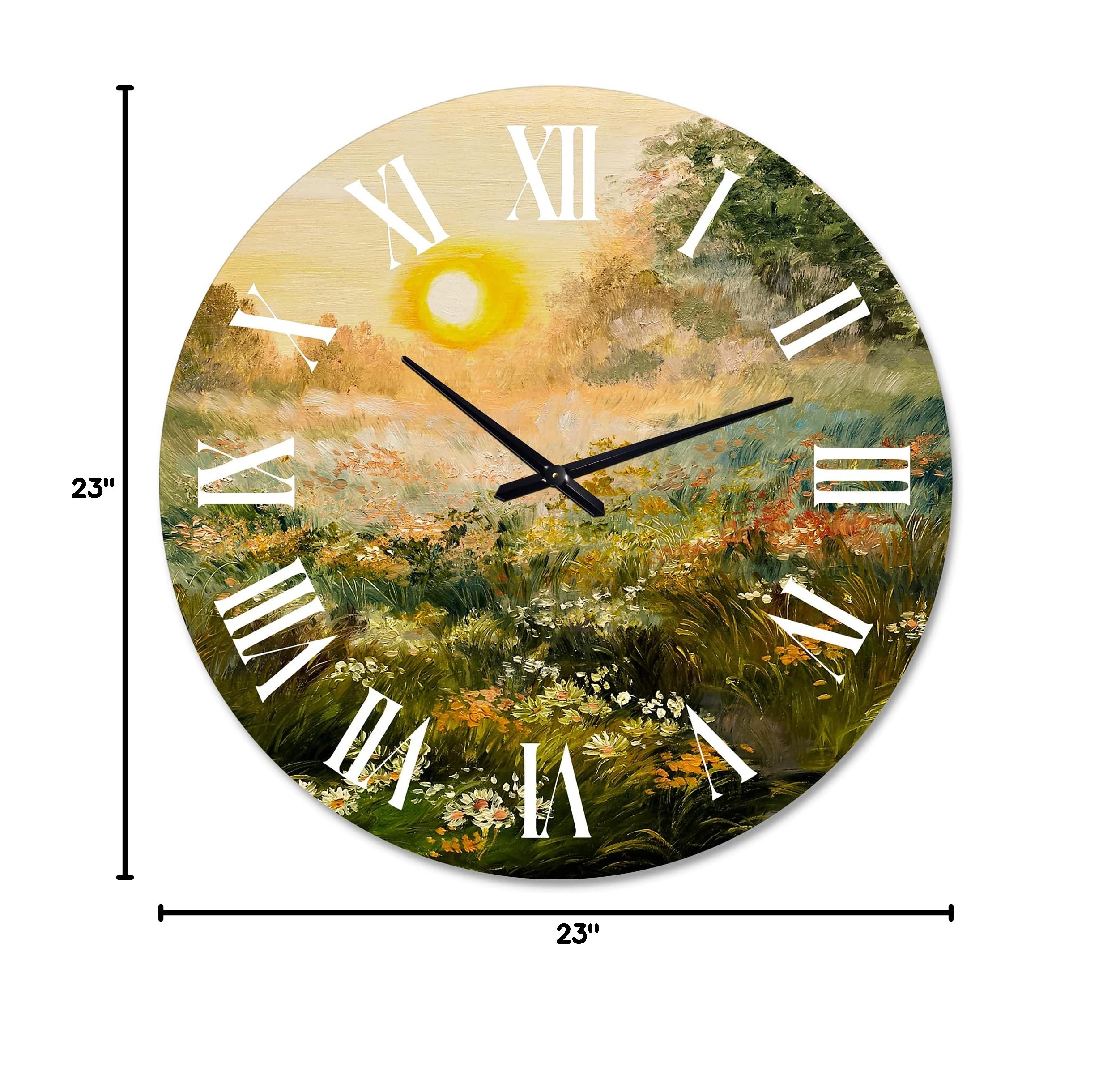 Farmhouse Wall Clock - 'Sunrise in The Blossoming Field' Landscape Design, Large Rustic Wall Decor for Living Room, Kitchen & Bedroom | Perfect for Home, Office & Cabin Decor
