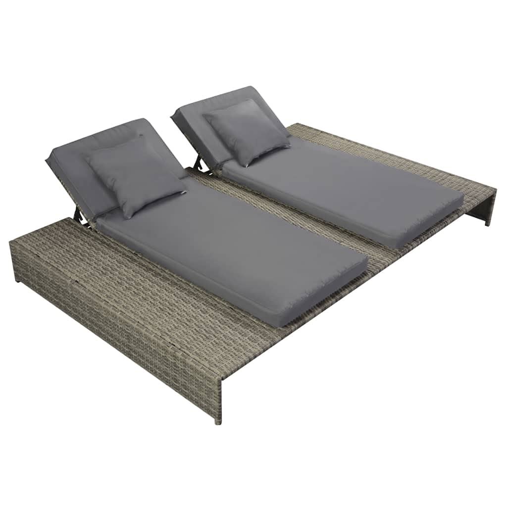 Adjustable Double Sun Lounger with Cushion - Gray Poly Rattan Outdoor Patio Lounge Chair for Garden, Poolside & Backyard Relaxation