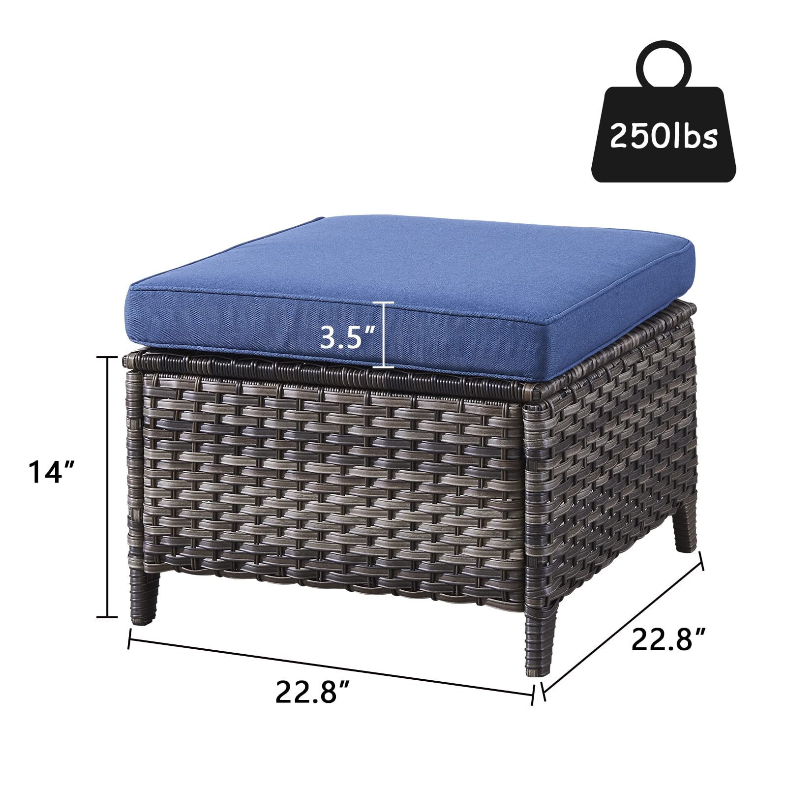 2-Piece Outdoor Wicker Ottoman Set with Thick Cushions - Grey/Blue Rattan Patio Footrests for Garden, Poolside & Deck Relaxation
