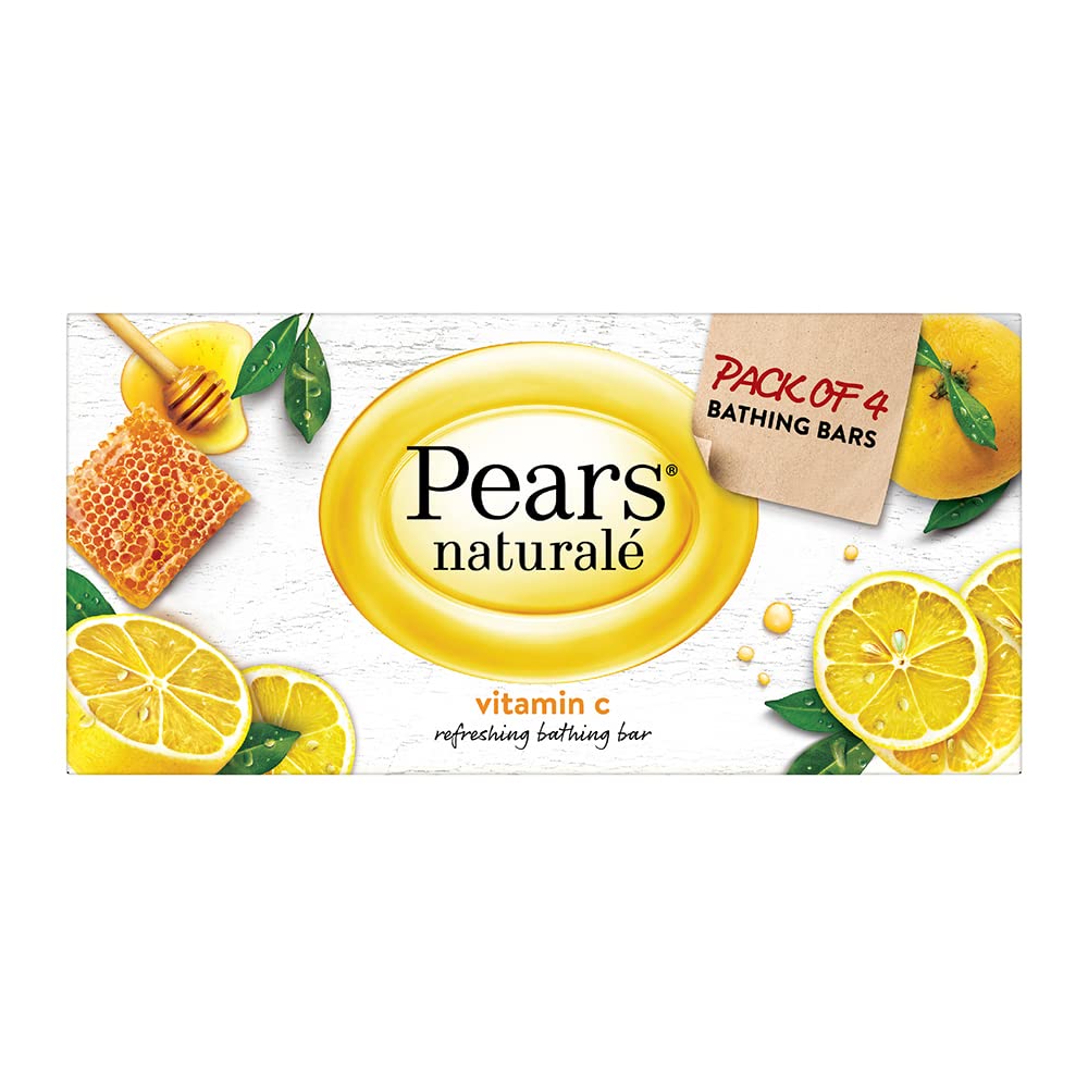 Pears Naturale Vitamin C Soap 4-Pack (125g Each) - Brightening & Glowing Face & Body Cleanser for Acne-Prone & Dull Skin - Daily Skincare Routine