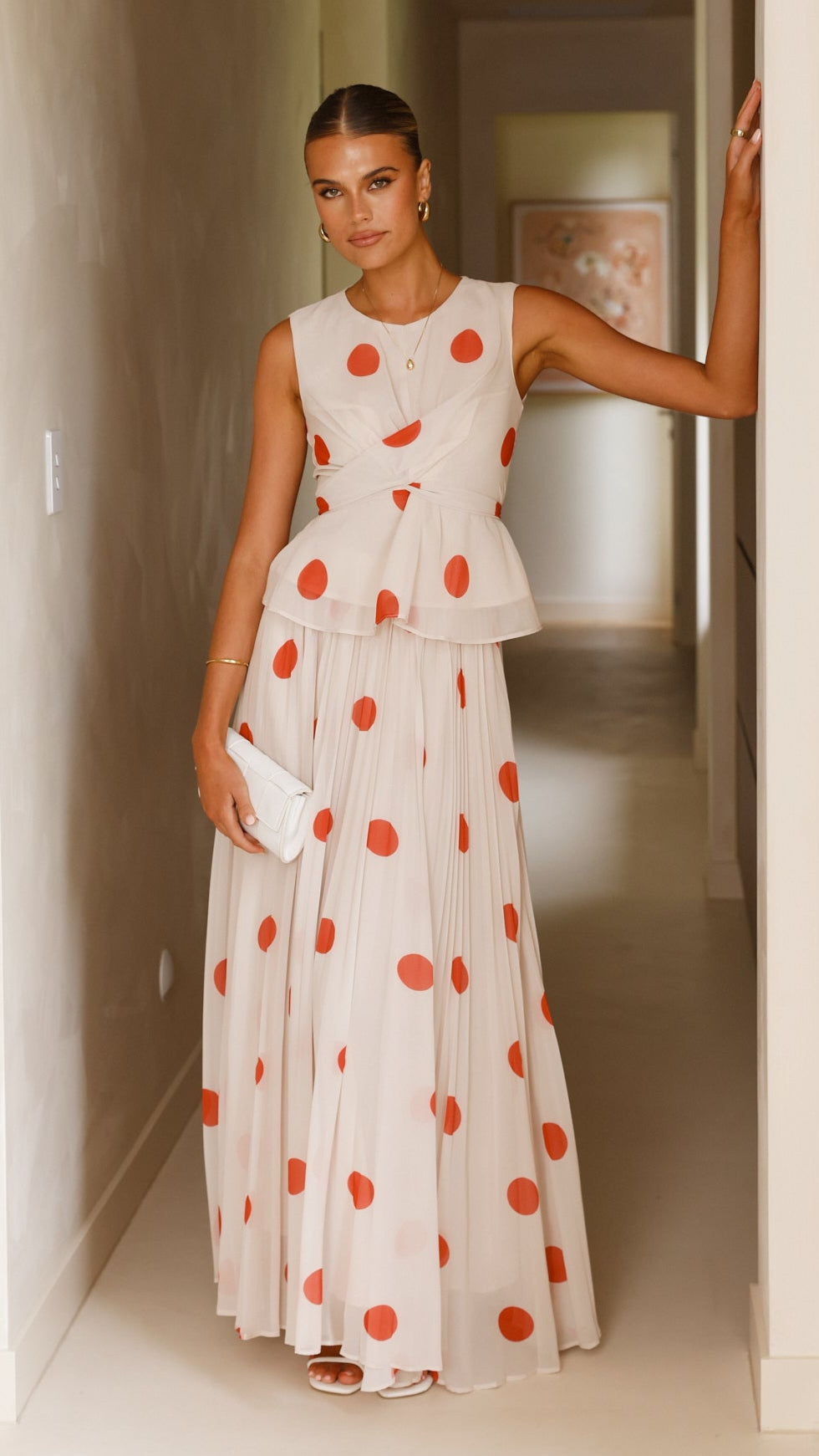 Cambree Peplum Top and Maxi Skirt Set - Beige & Red Polka Dot Outfit for Women | Casual Summer Dress, Boho Chic Style, Beach Vacation Outfit
