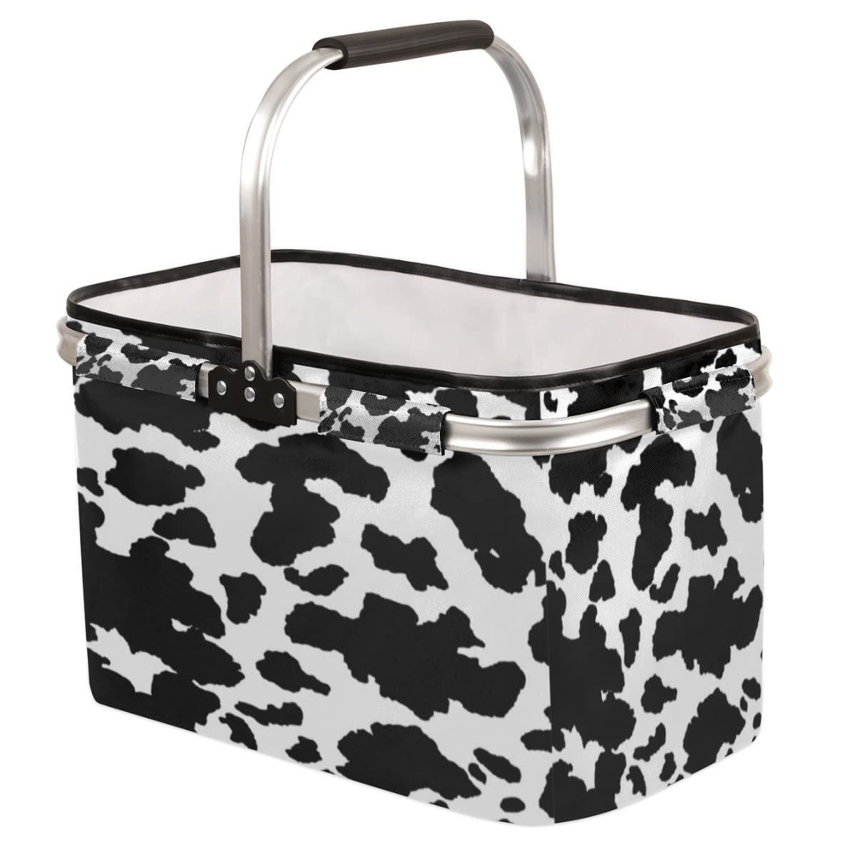 Collapsible Large Animal Print Reusable Shopping Tote Bag - Heavy Duty Grocery Bag with Handles - Foldable Picnic Basket for Travel, Camping, Beach & Market Use - Cow Pattern Design for Stylish Shopping & Outdoor Activities